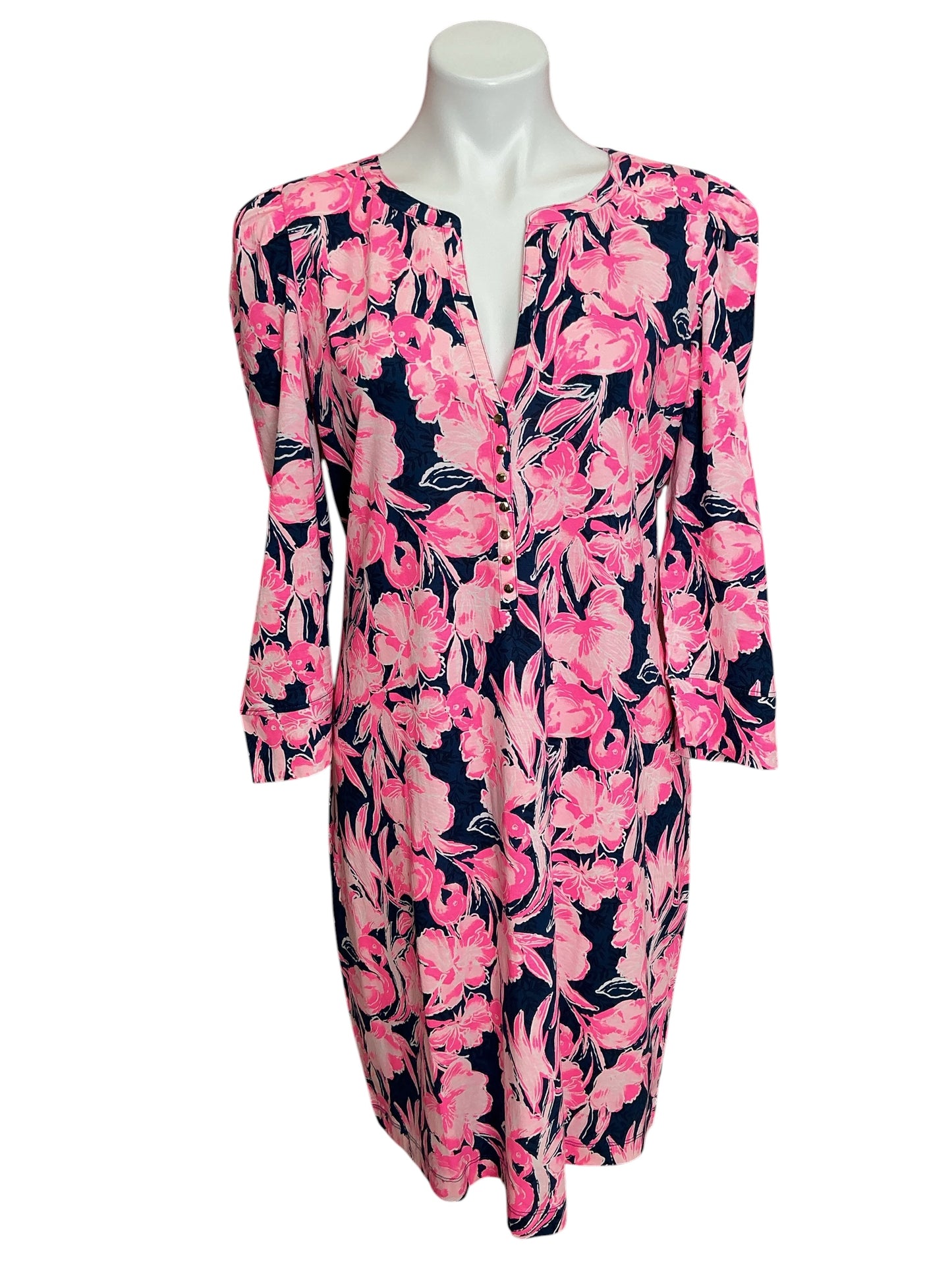 Lilly Pulitzer Marlie 3/4 Sleeve Dress Inky Navy Flamingle - Size L