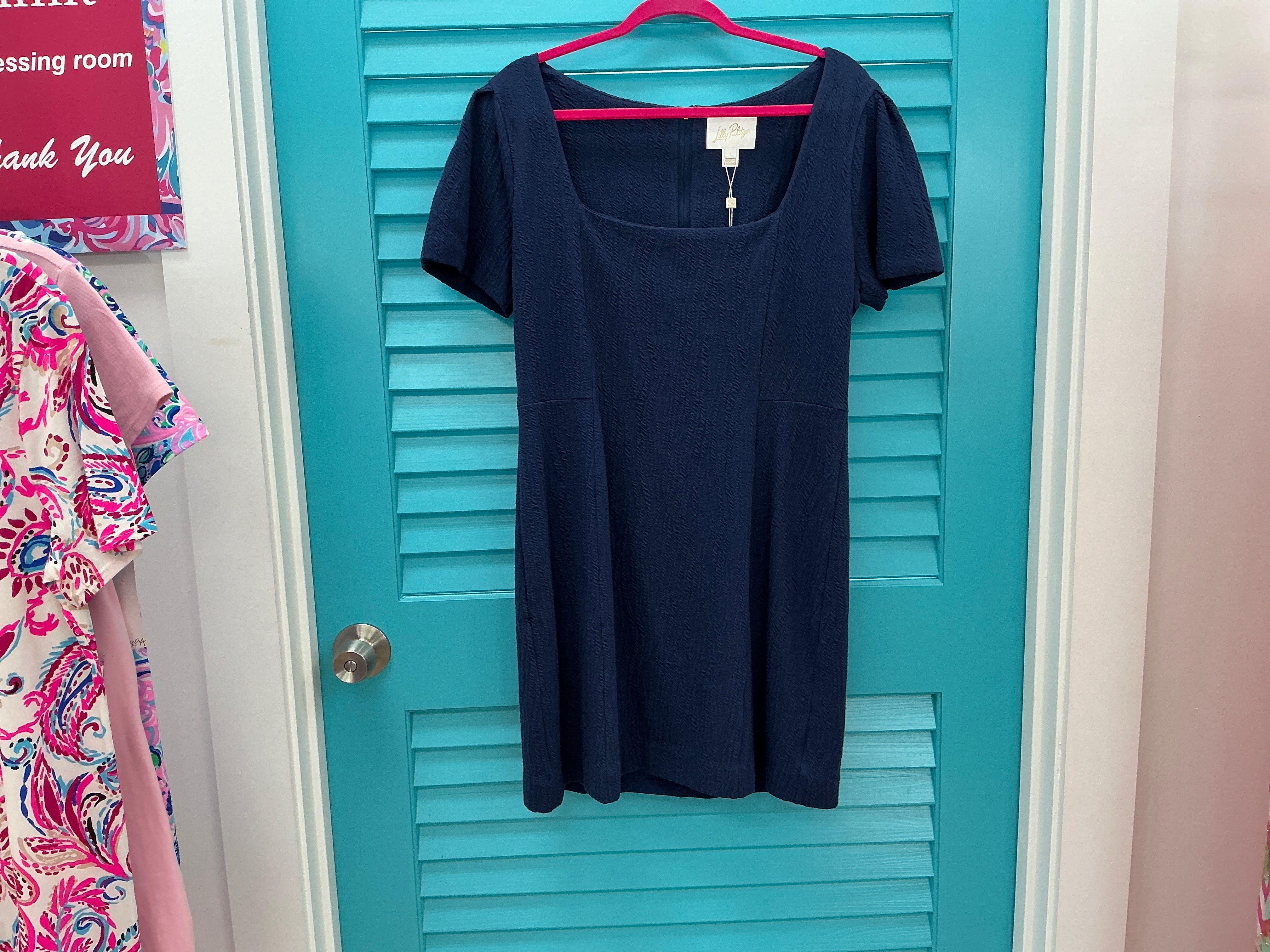 Lilly Pulitzer NWT Brinley Stretch Shift Low Tide Navy Wavy Knjt Jacquard - Size L