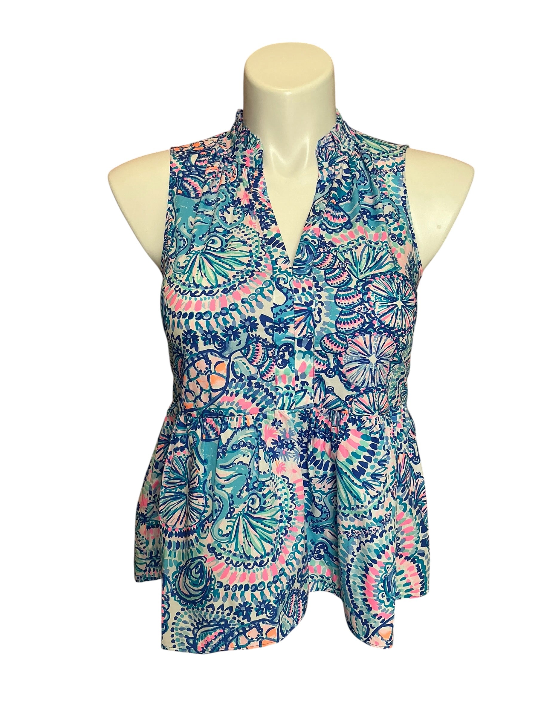 Lilly Pulitzer NWT Novella Ruffle Hem Top Blue Grotto Commotion In The Ocean - Size S