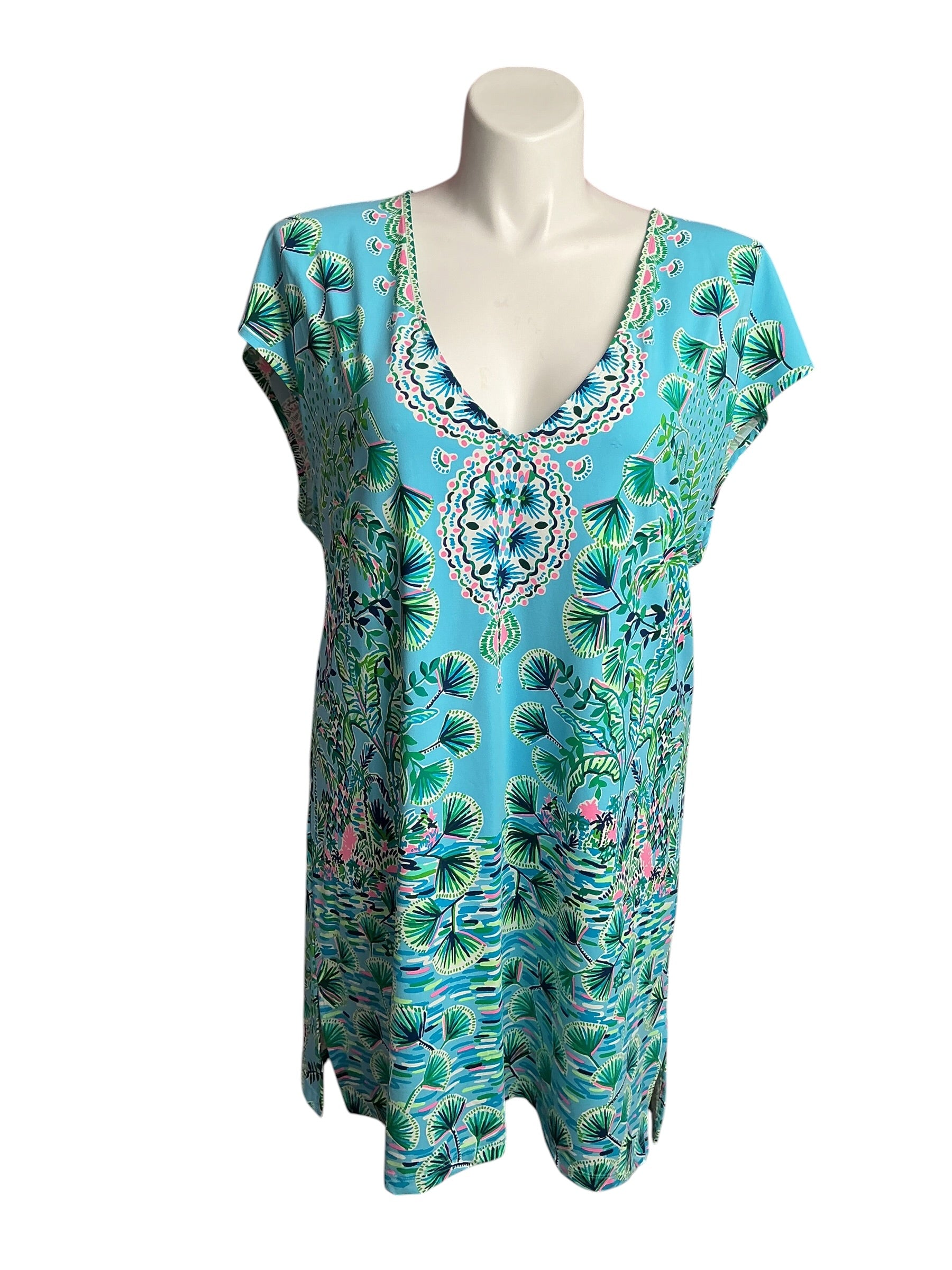 Lilly Pulitzer- Talli V-Neck Cover-Up Frenchie Blue Mosaic Shells Size XL