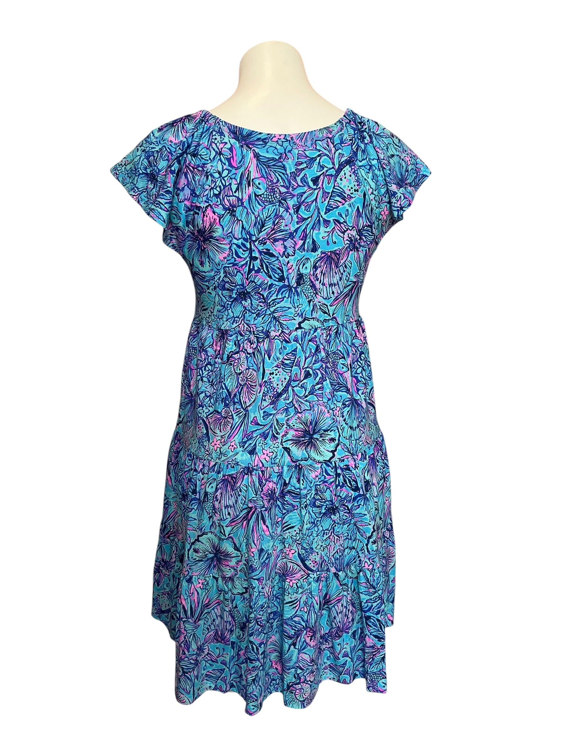 Lilly Pulitzer Kawai Flutter Sleeve Swing Dress Breakwater Blue Shells N Bells - Size XS
