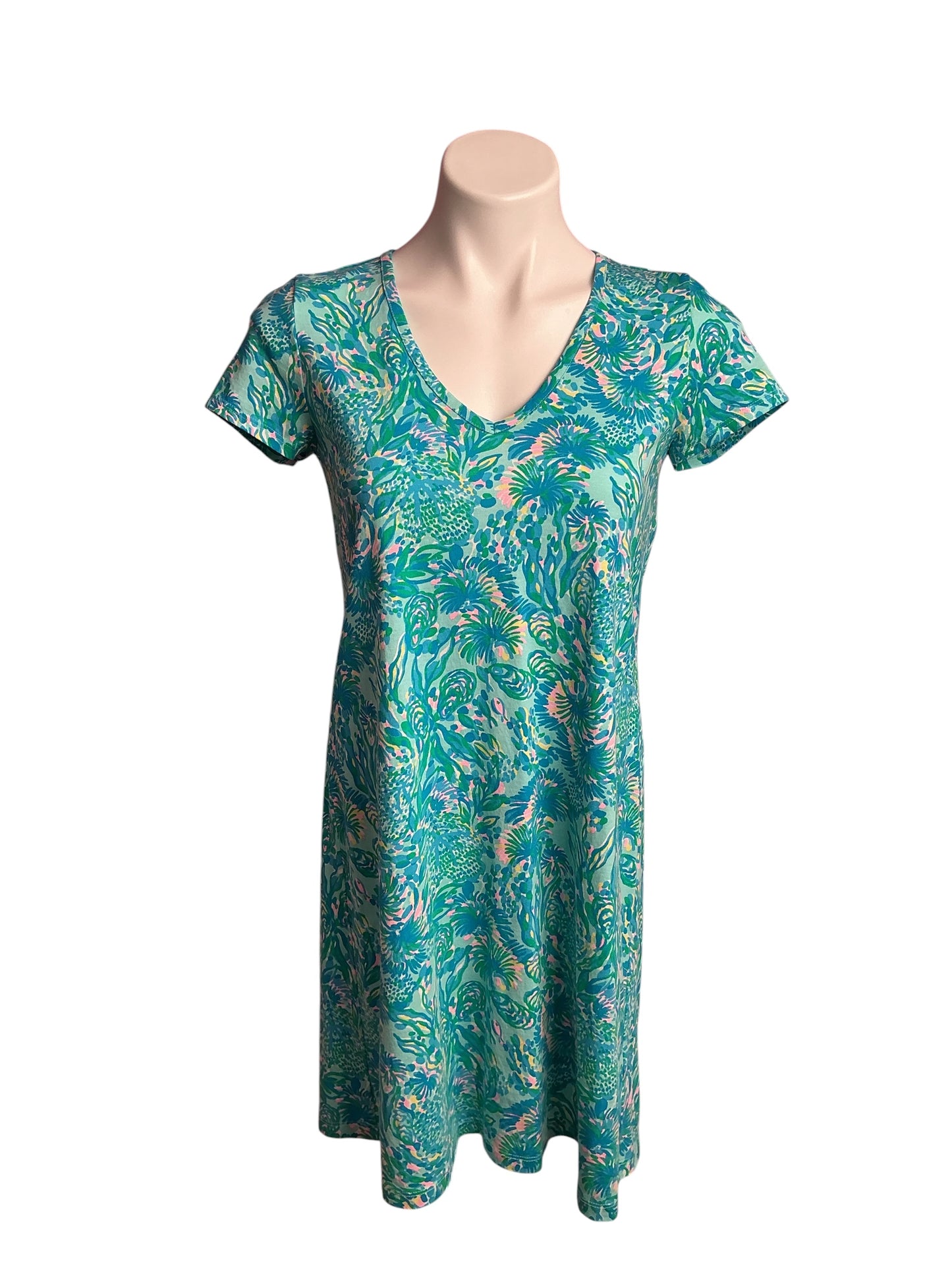 Lilly Pulitzer- Etta V-Neck Dress Surf Blue Coral Of The Story Size XS