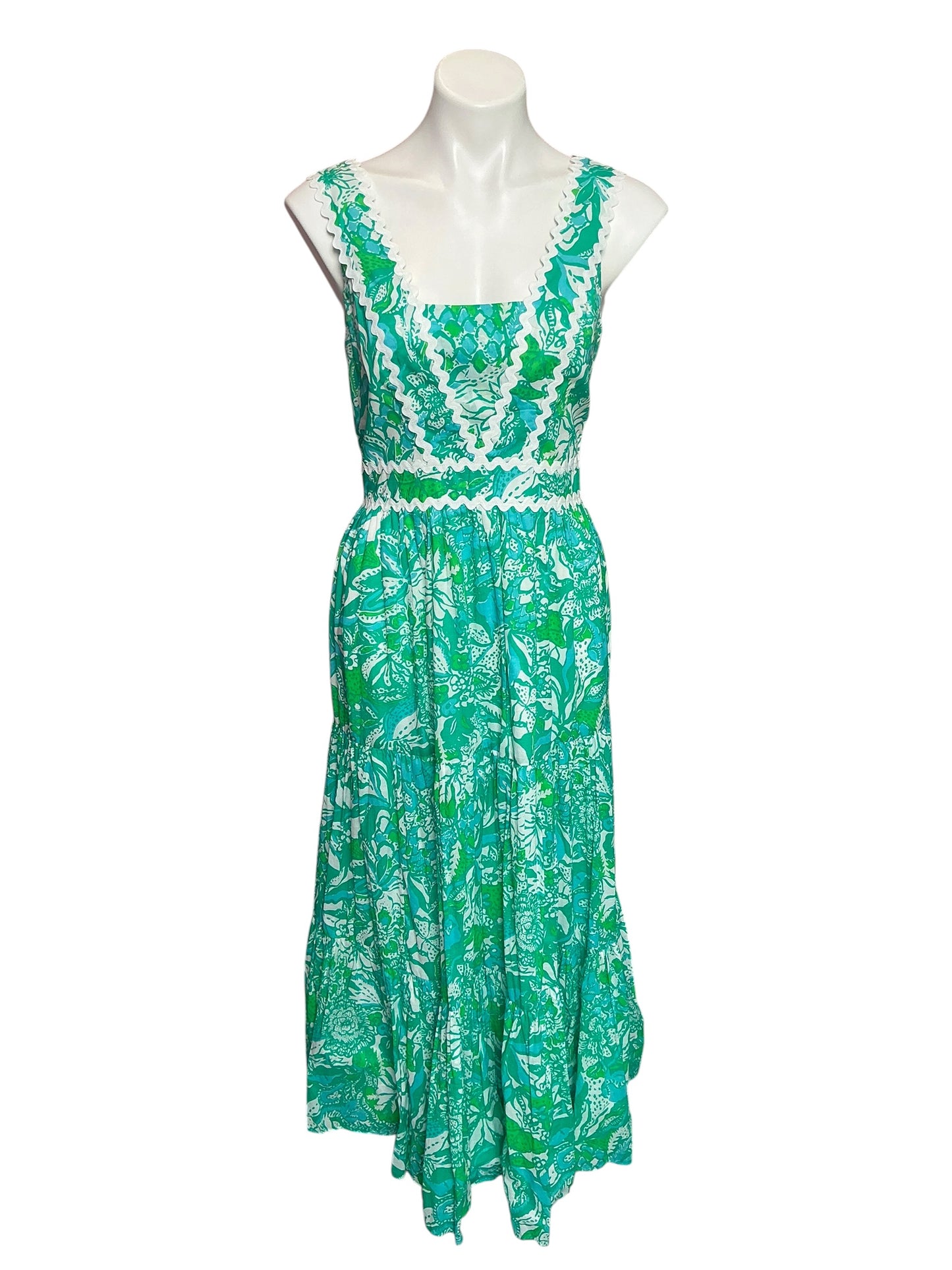 Lilly Pulitzer Pollie Tiered Scallop Trim Midi Dress Botanical Green Safari Sangria - Size 16 As Is