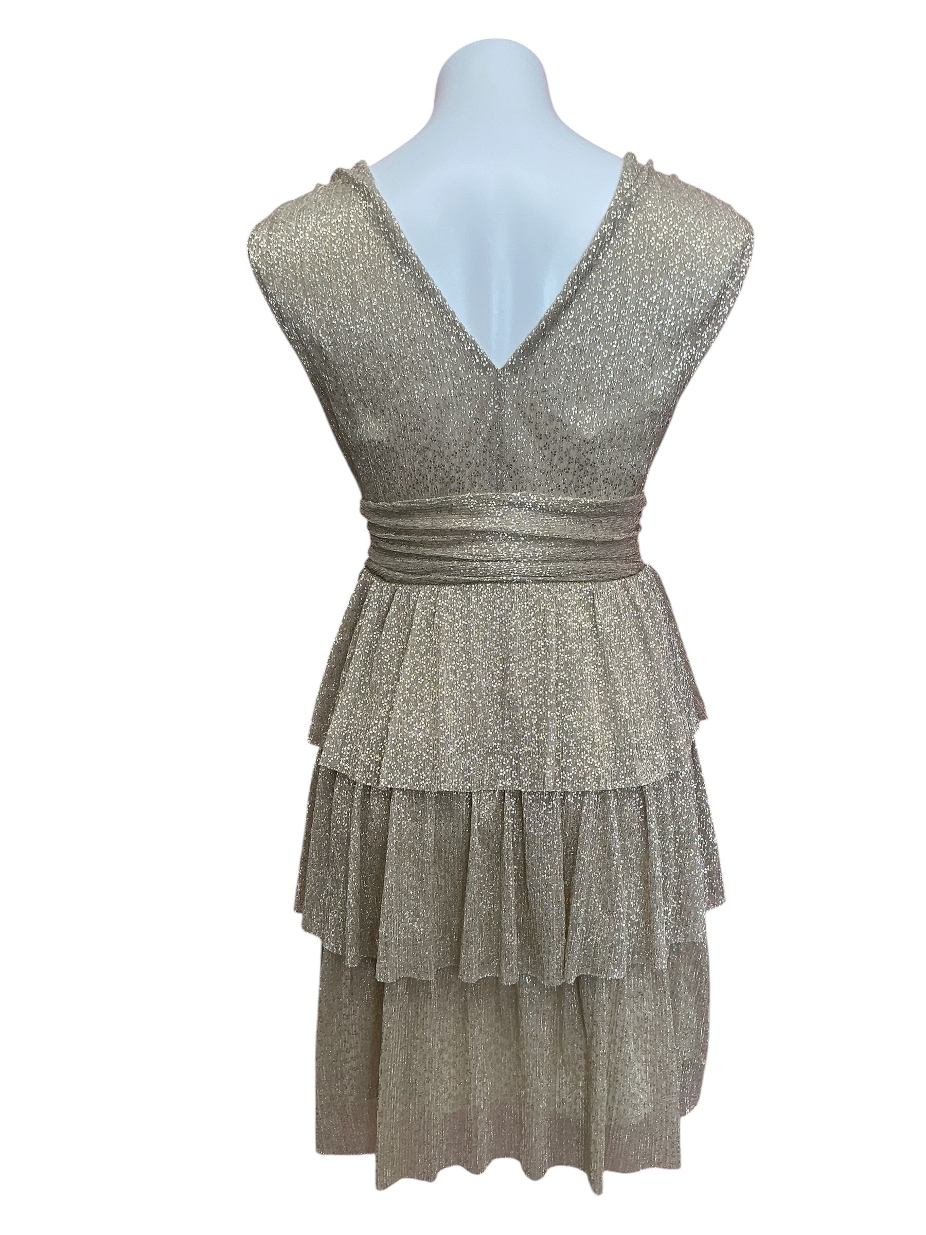 Lilly Pulitzer NWT Faye V Neck Ruffle Dress Gold Metallic Knit Crinkle - Size S
