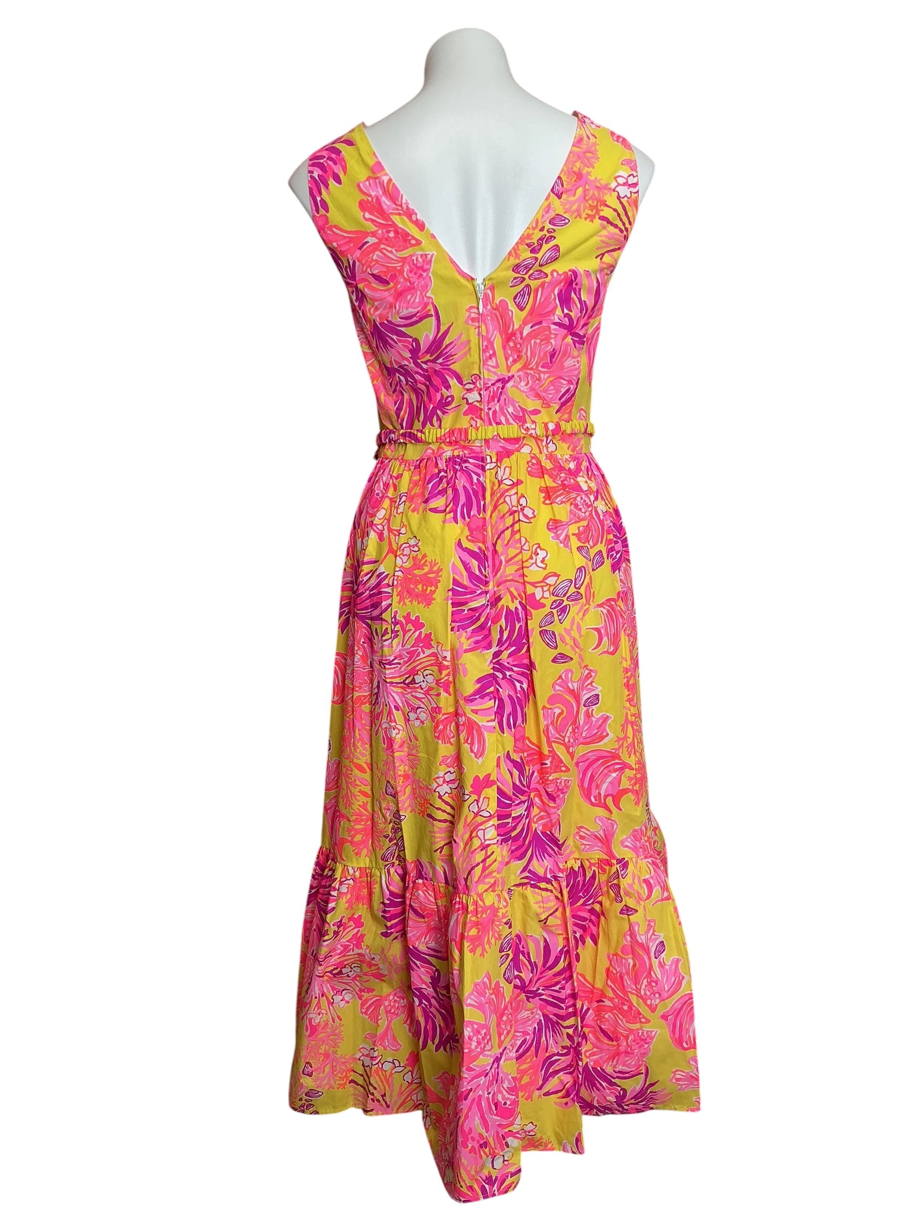 Lilly Pulitzer Bri V Neck Cotton Midi Dress Calla Yellow Floral Coral - Size 16