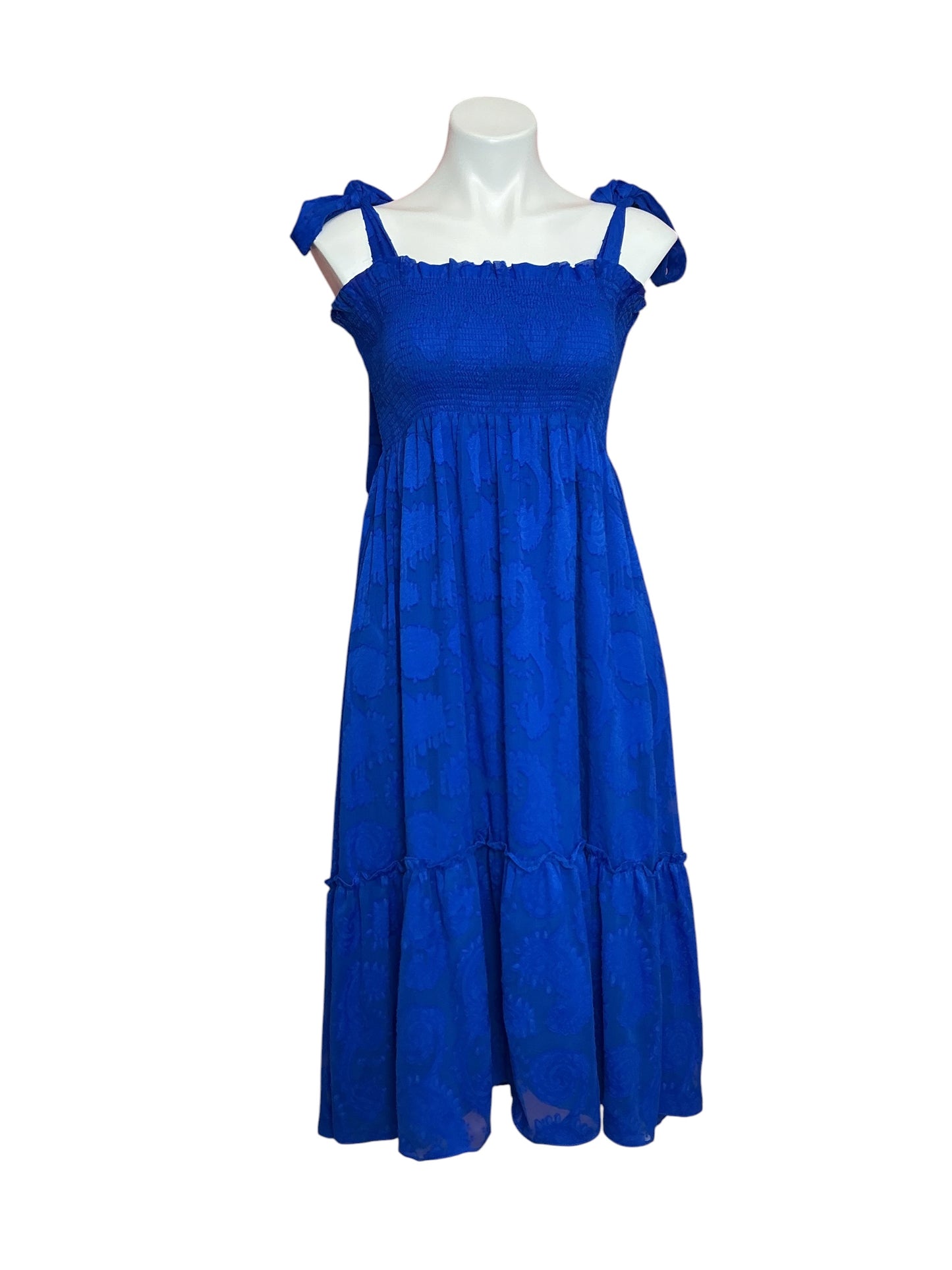 Lilly Pulitzer Rivera Smocked Midi Dress Blue Grotto Tangerine Dream Poly Clip Jacquard - Size XS