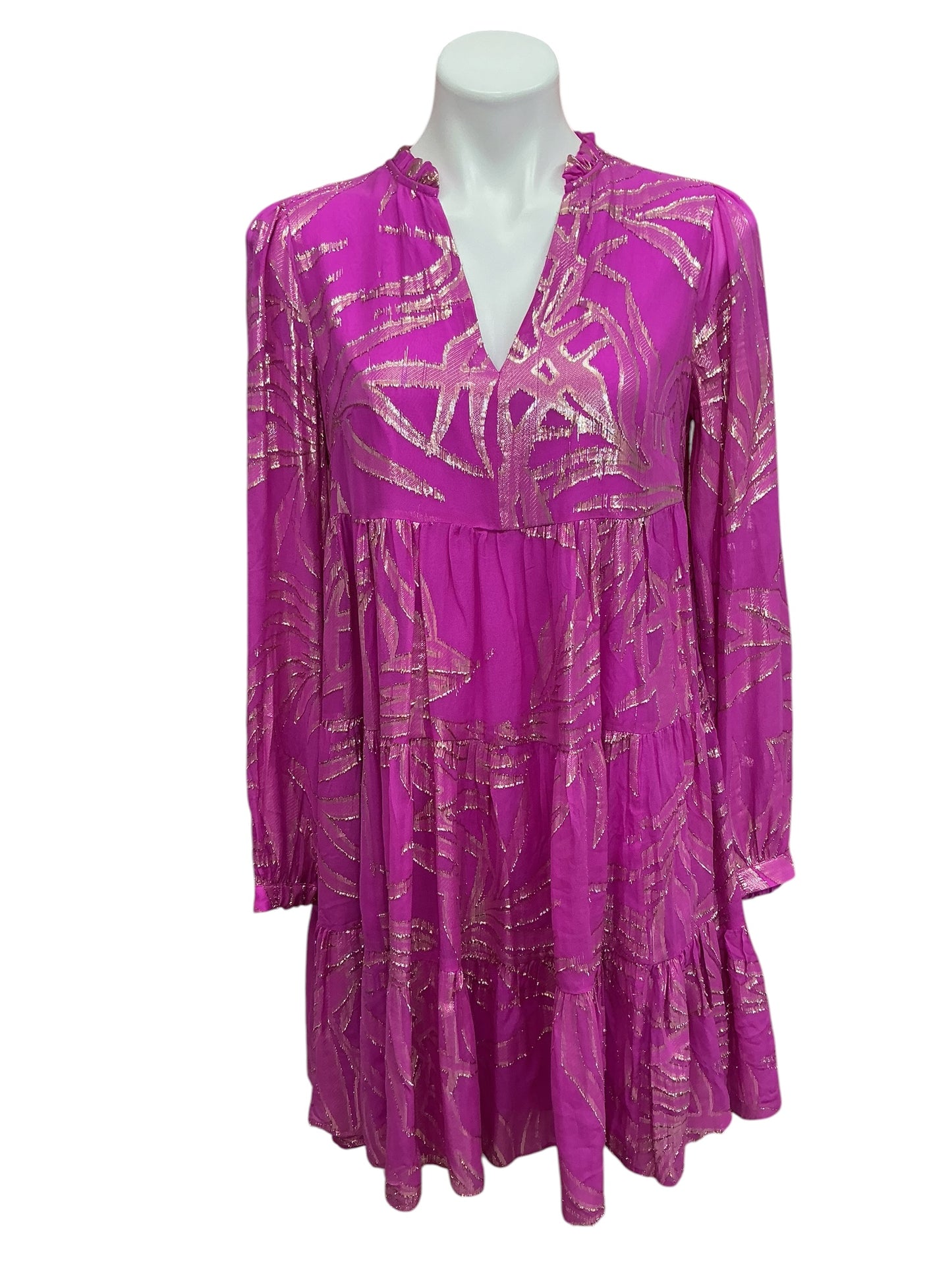 Lilly Pulitzer Sarita Silk Dress Wild Fuchsia Palm Leaf Metallic - Size 6