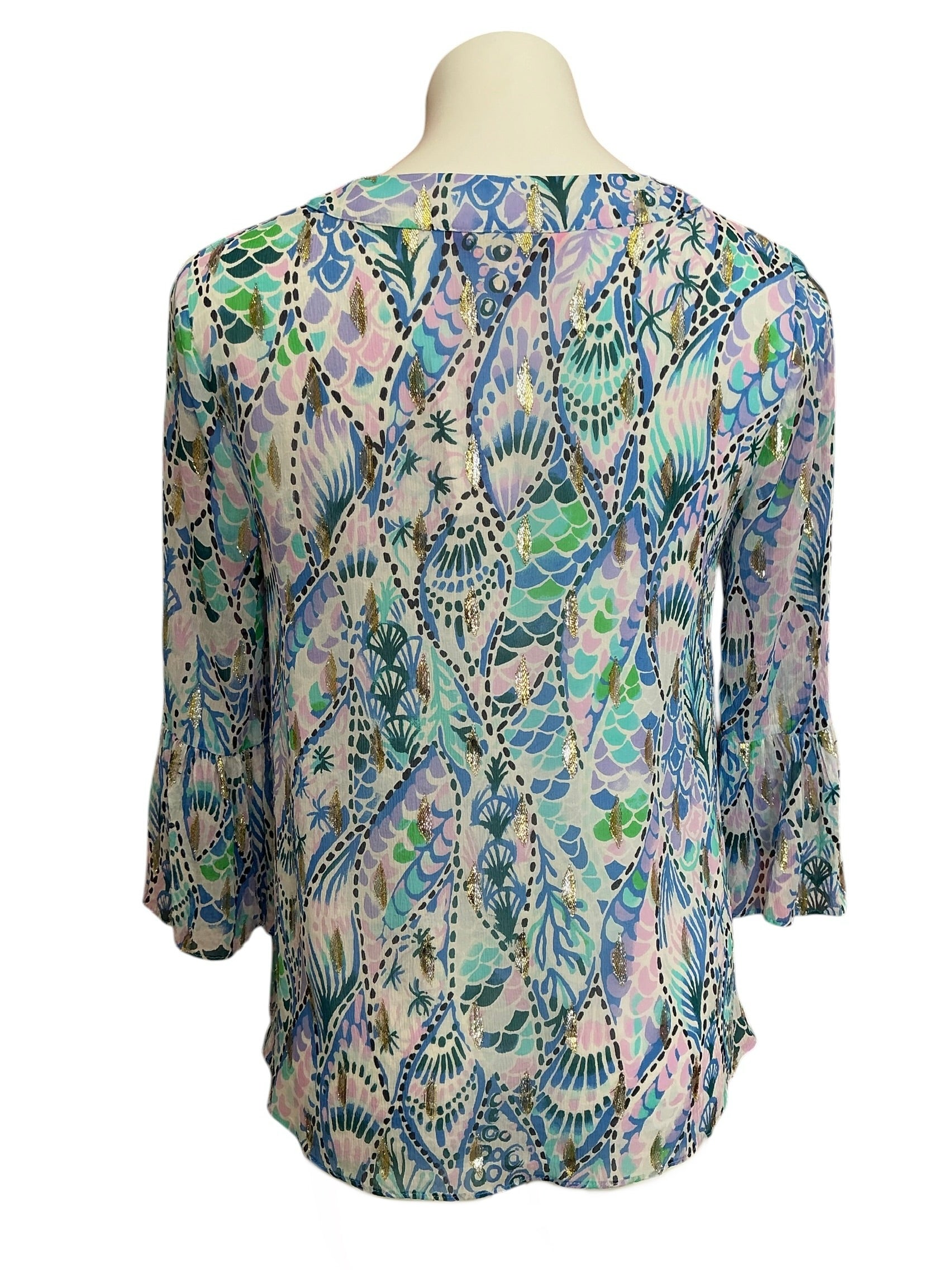Lilly Pulitzer Elenora Silk Top Coastal Blue Tails Of The Sea - Size S