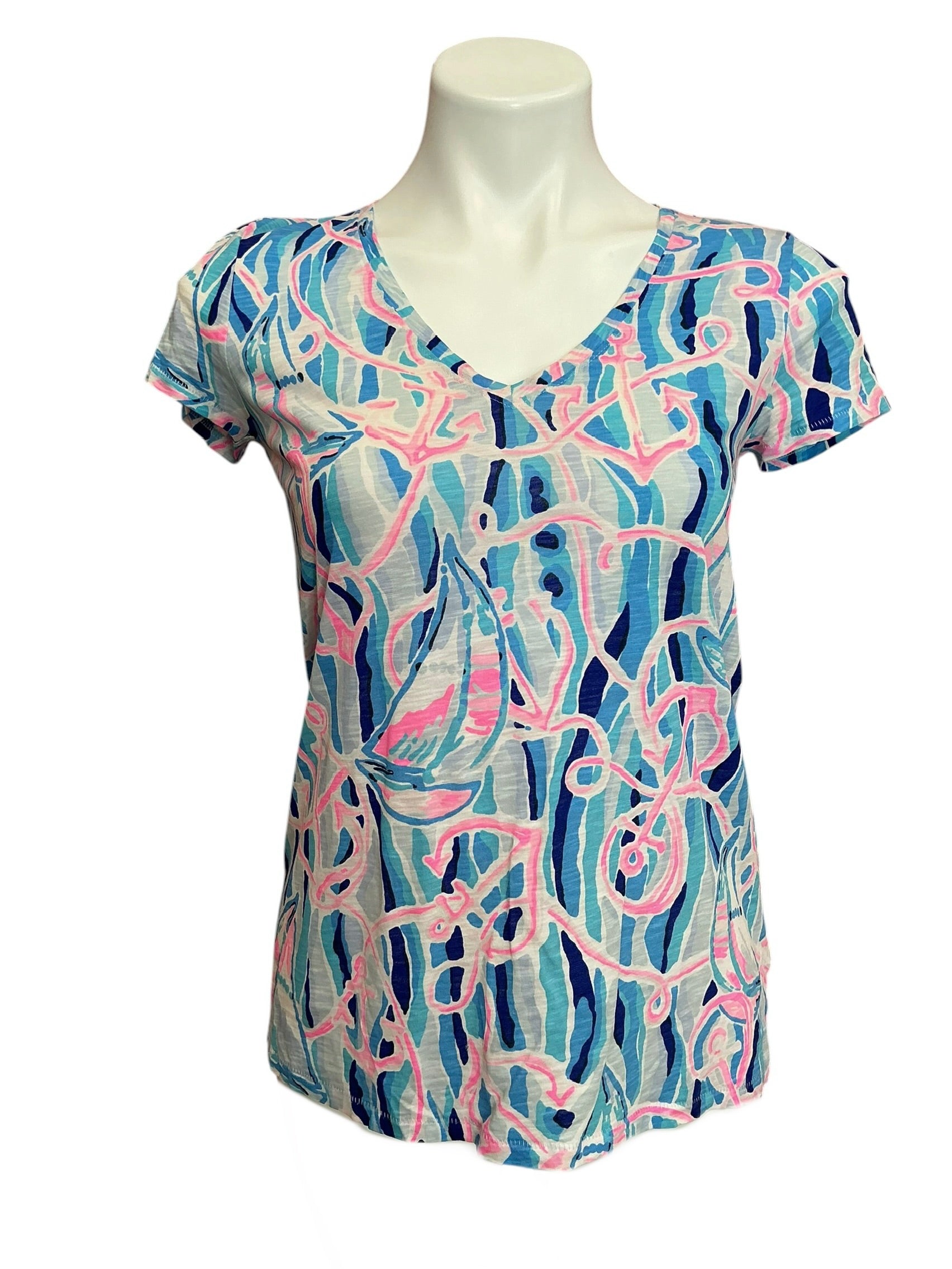 Lilly Pulitzer Etta V Neck Top Skim Blue Reel Nauti - Size XXS