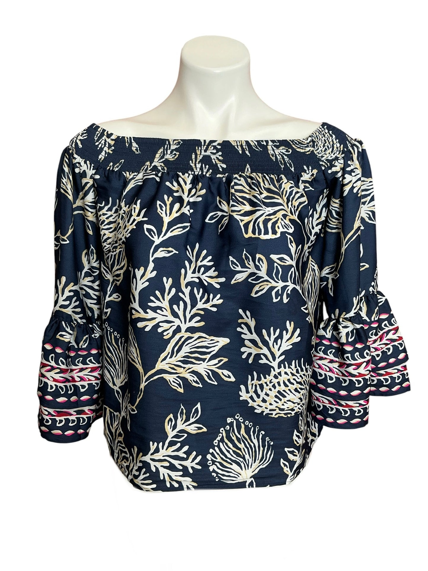 Lilly Pulitzer Kaori Off-The-Shoulder Top Low Tide Navy Coastal Locale - Size XS
