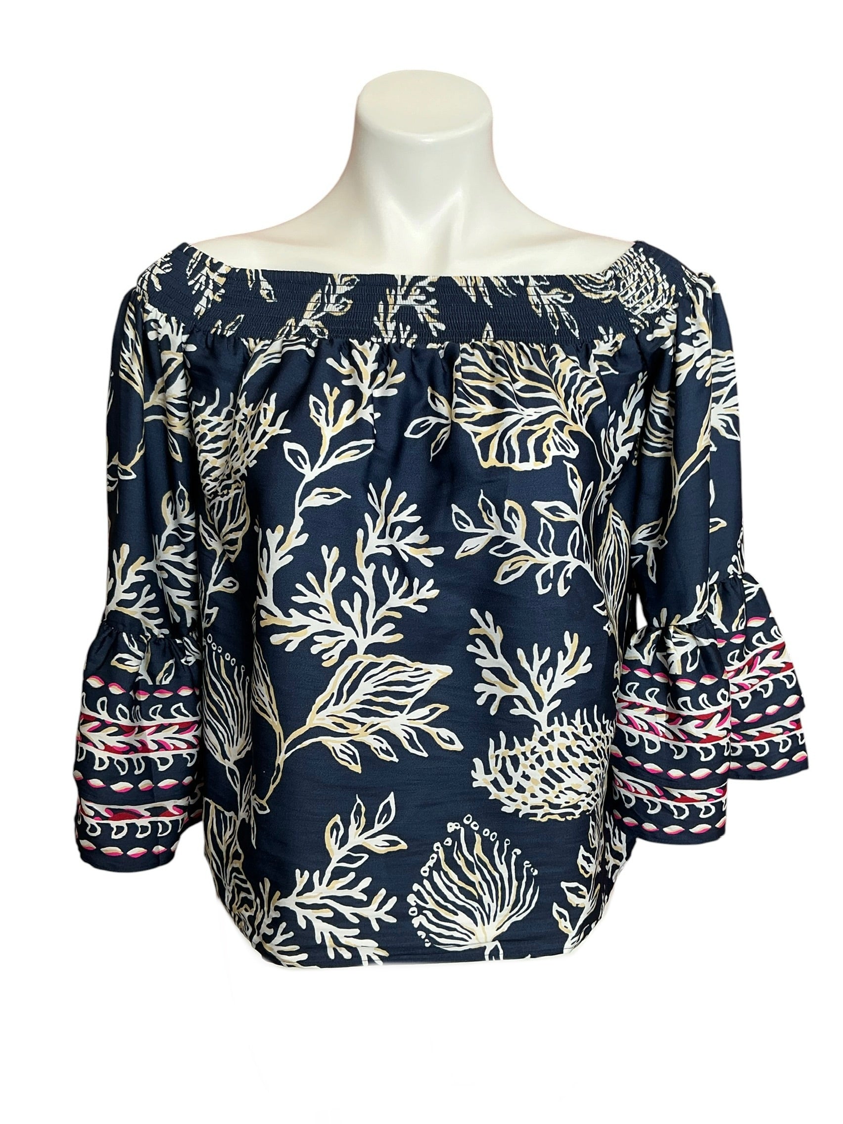 Lilly Pulitzer Kaori Off-The-Shoulder Top Low Tide Navy Coastal Locale - Size XS
