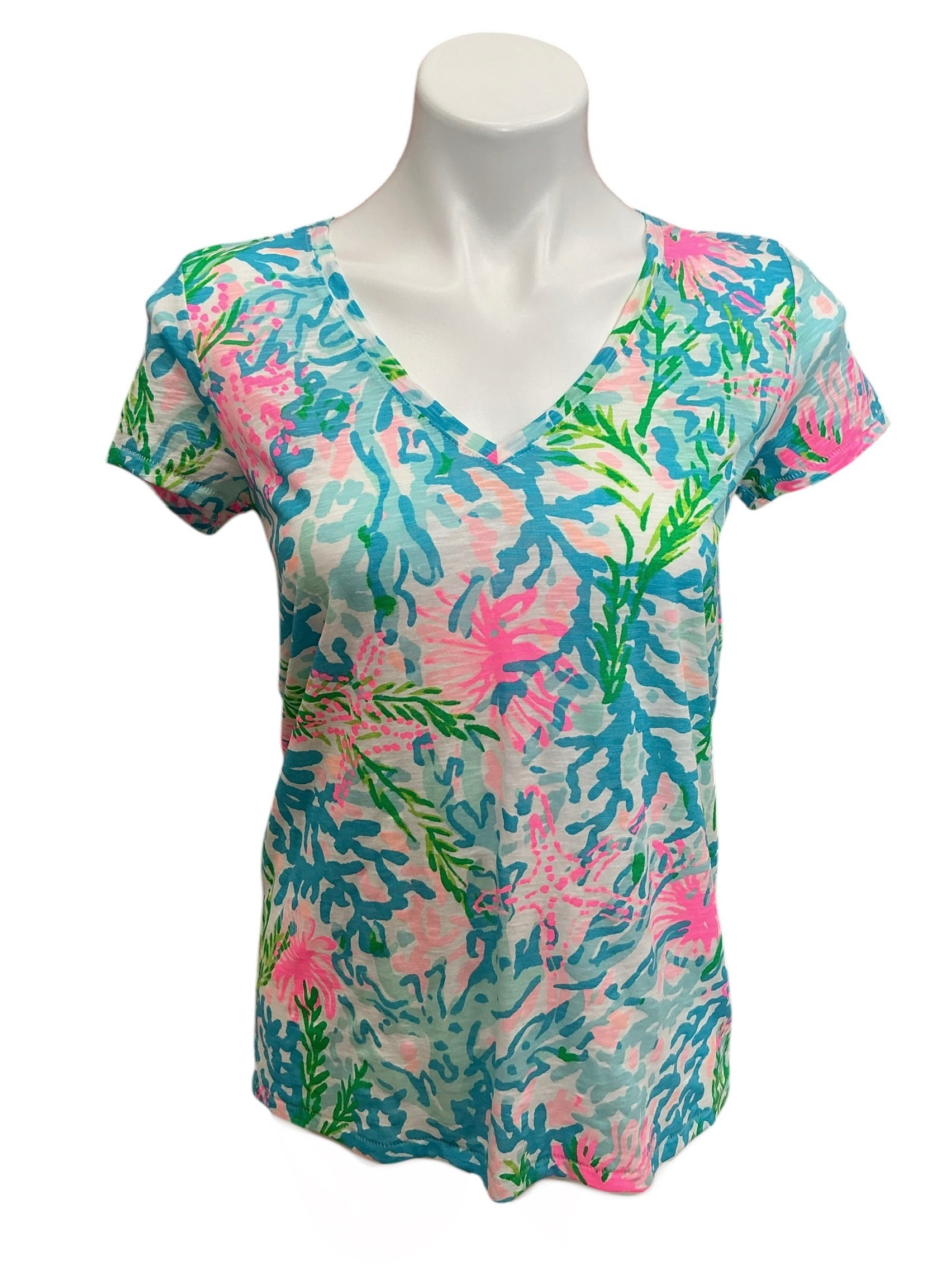 Lilly Pulitzer NWT Etta V-Neck Top Multi Coral Bay - Size XS