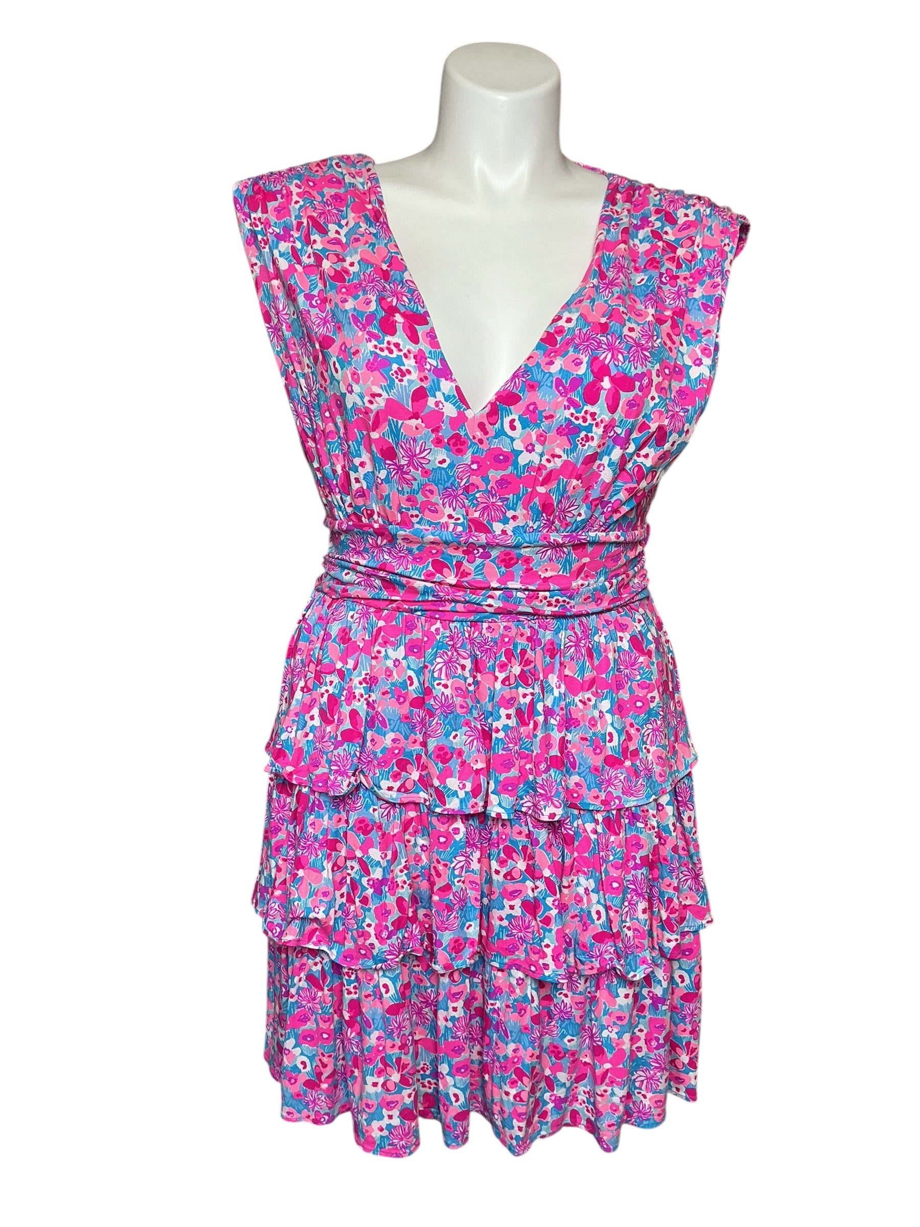 Lilly Pulitzer Faye V-Neck Ruffle Dress - Aura Pink Baby Bloomer - Size XL