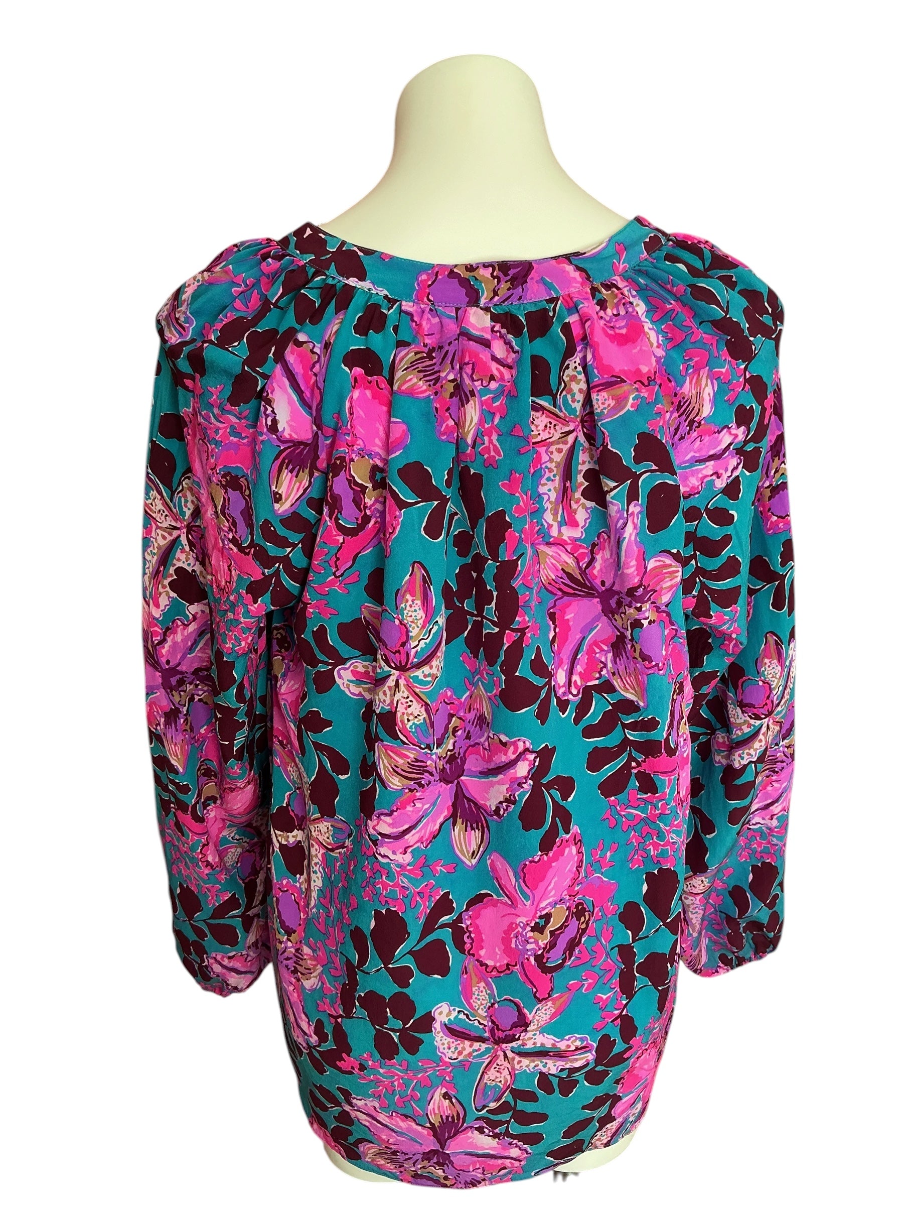 Lilly Pulitzer Saige Long Sleeve Silk Top Blue Rhapsody Orchid You Not - Size XL
