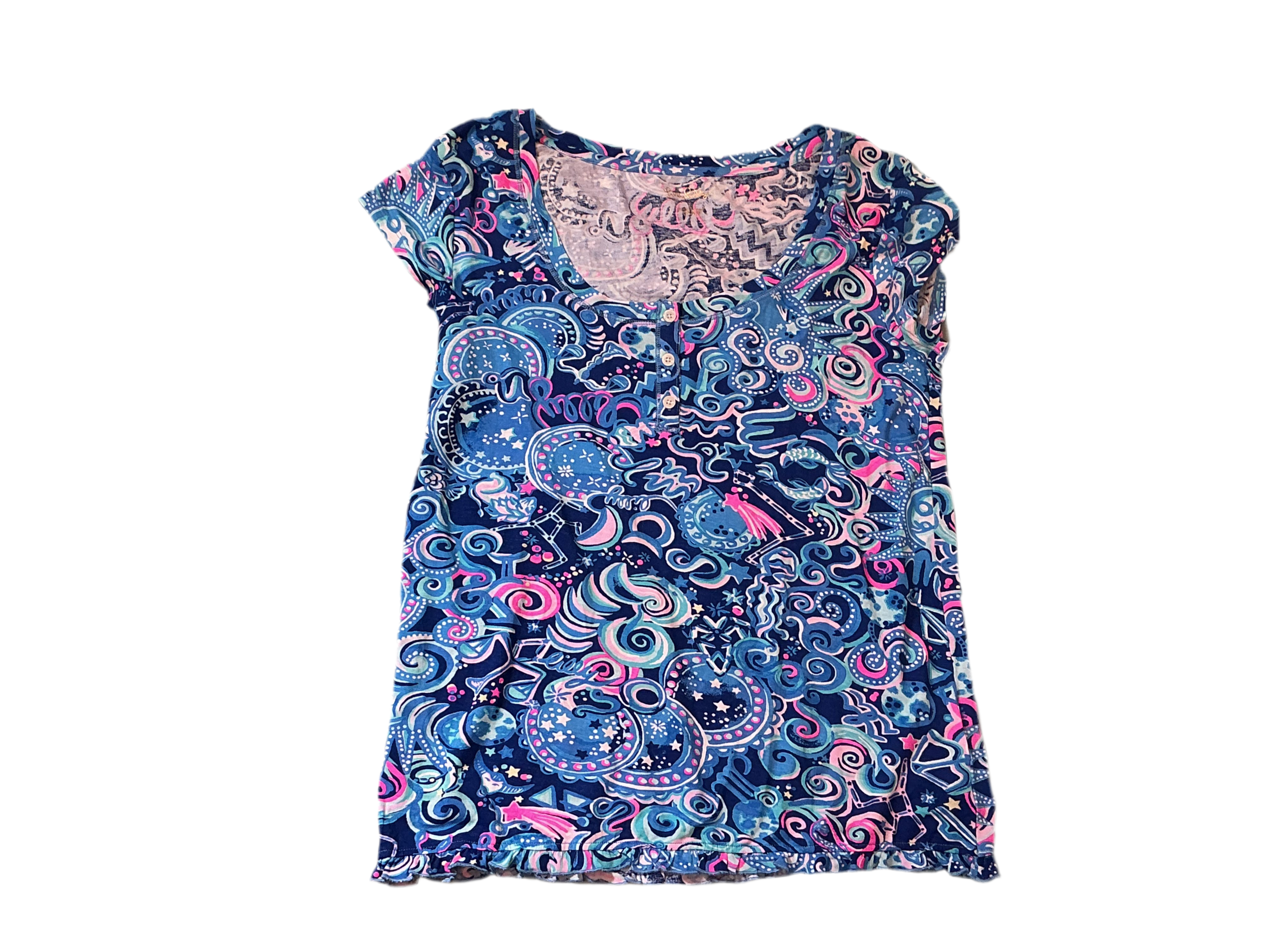 Lilly Pulitzer NWT - Ruffle PJ SS Knit Top - Lapis Lazuli Cosmic Kismet - Size S