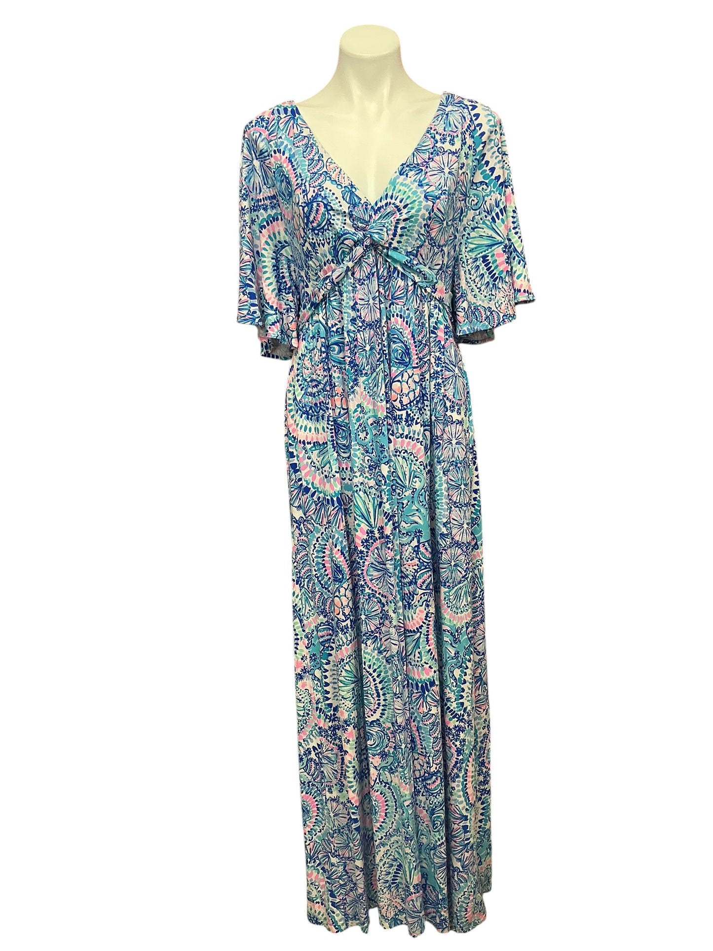 Lilly Pulitzer Minka Sleeved Maxi Dress Blue Grotto Commotion In The Ocean - Size 14