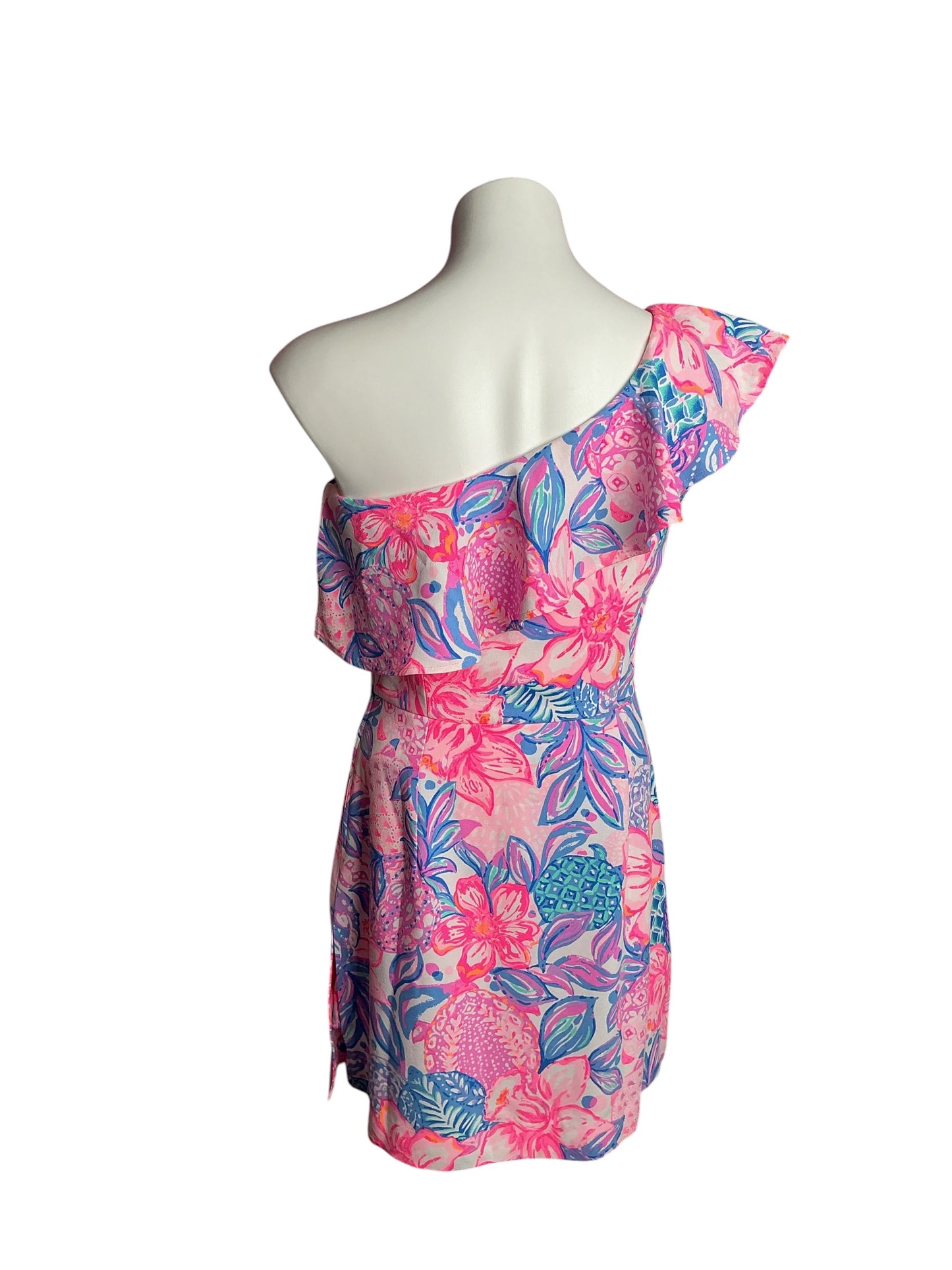 Lilly Pulitzer- Kipton One-Shoulder Romper Pink Isle Snappy Turtle Size 4