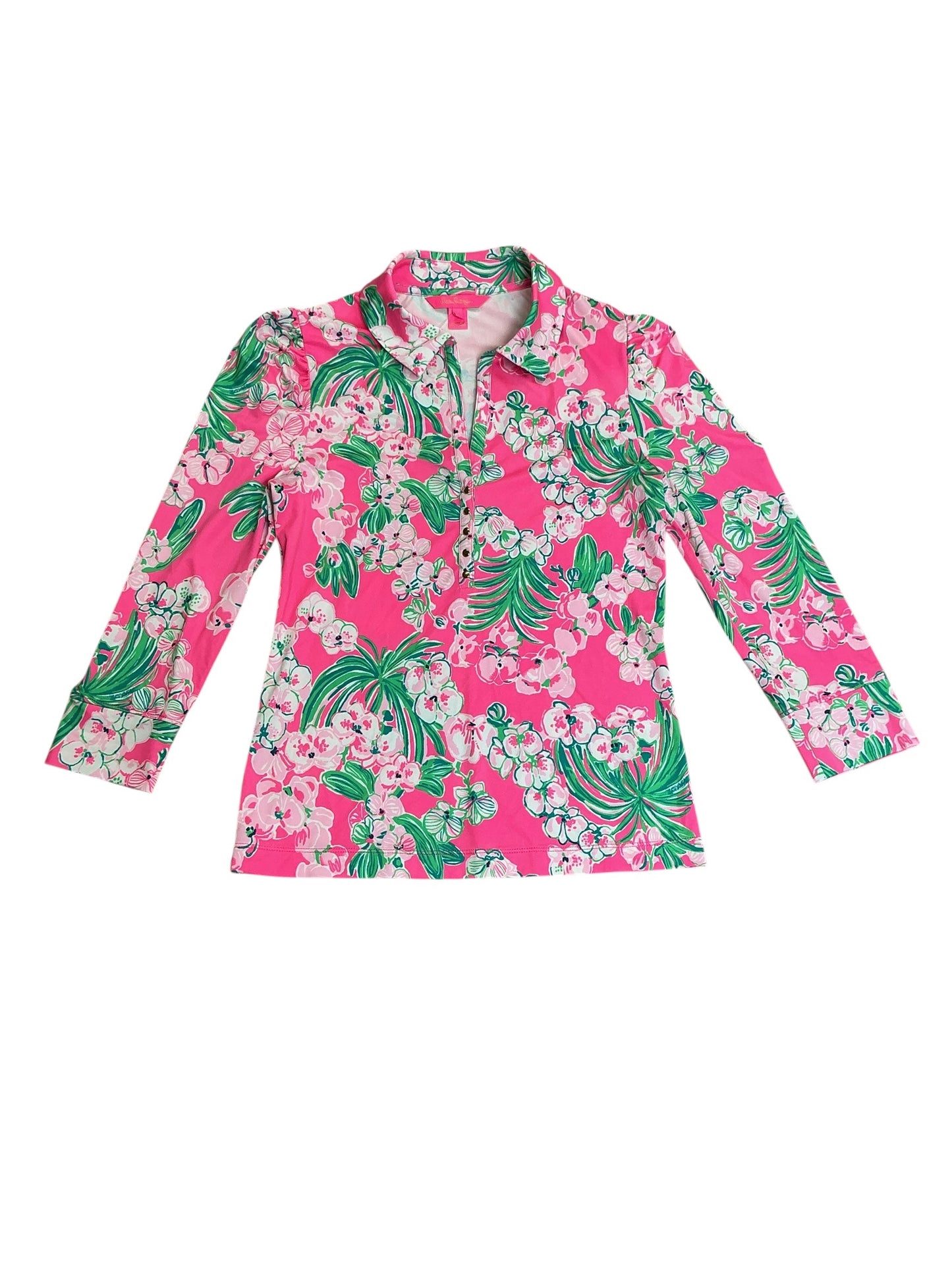 Lilly Pulitzer Reema Long Sleeve Polo Top Roxie Pink Worth A Look Print - Size S
