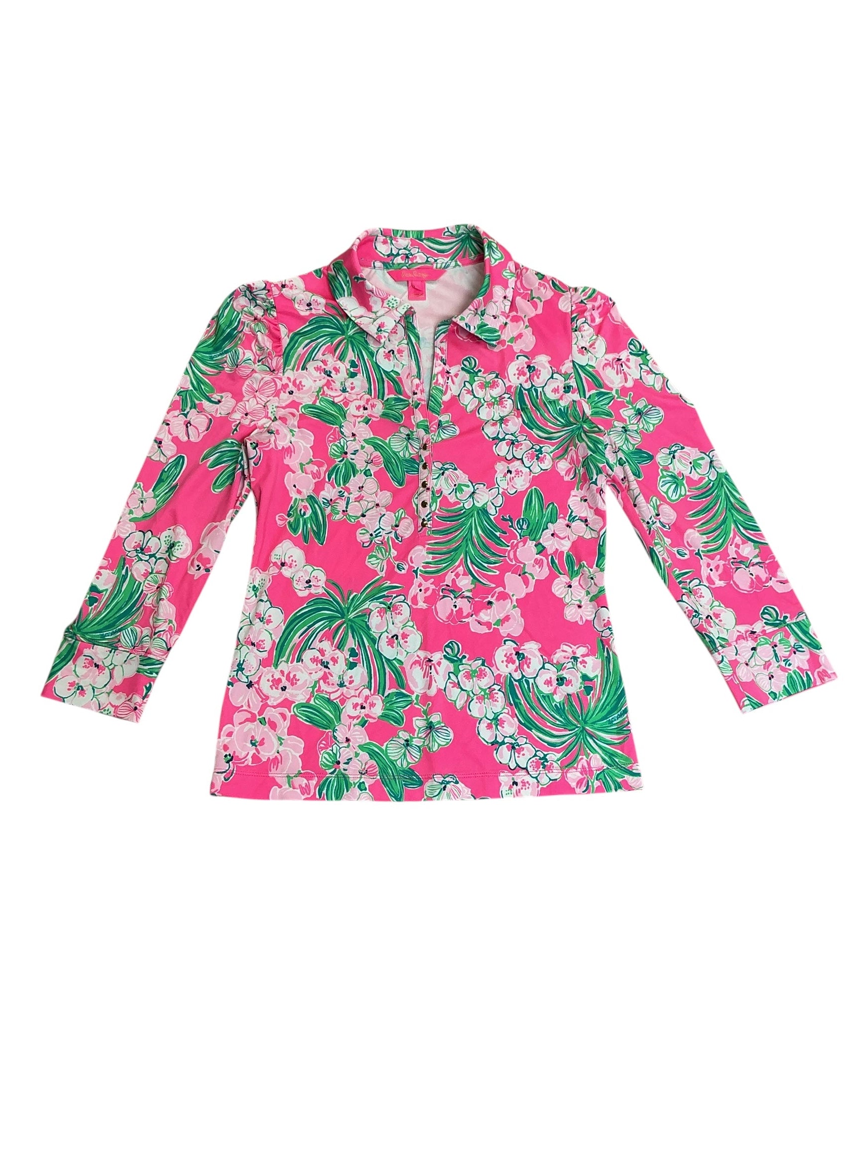 Lilly Pulitzer Reema Long Sleeve Polo Top Roxie Pink Worth A Look Print - Size S