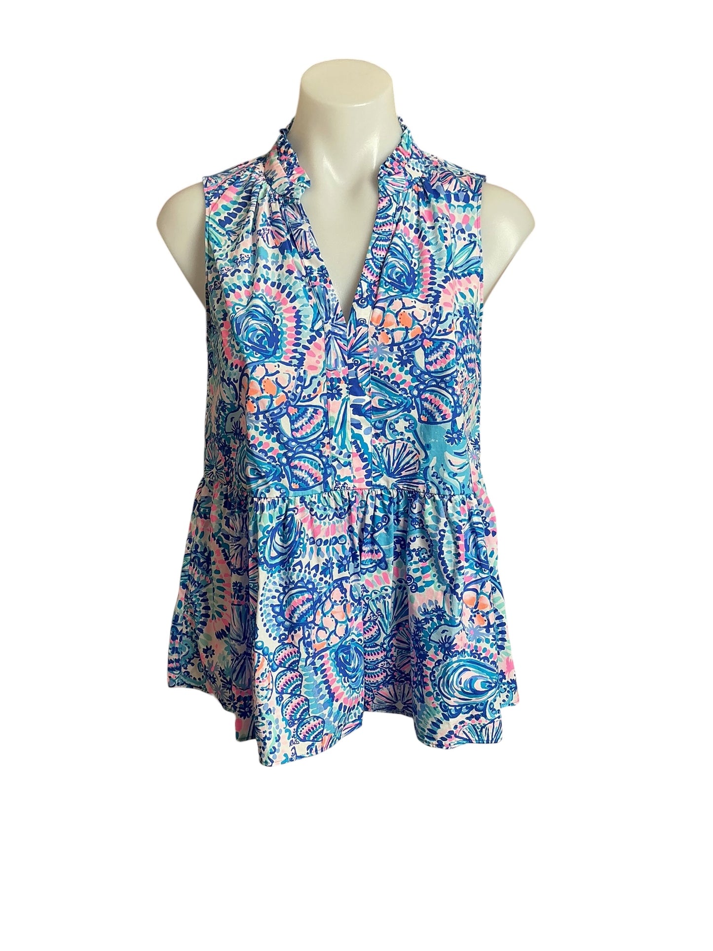 Lilly Pulitzer Novella Ruffle Hem Top Blue Grotto Commotion in the Ocean - Size XS