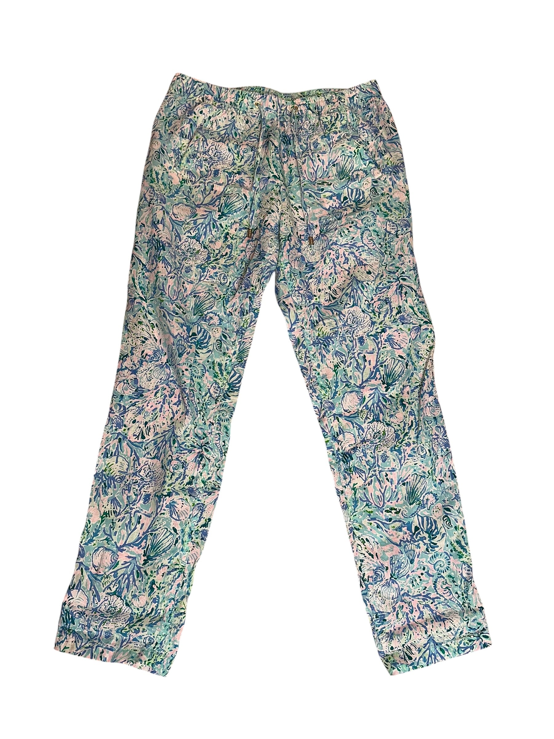 Lilly Pulitzer Taron Mid-Rise Linen Pants Surf Blue Soleil It On Me - Size M