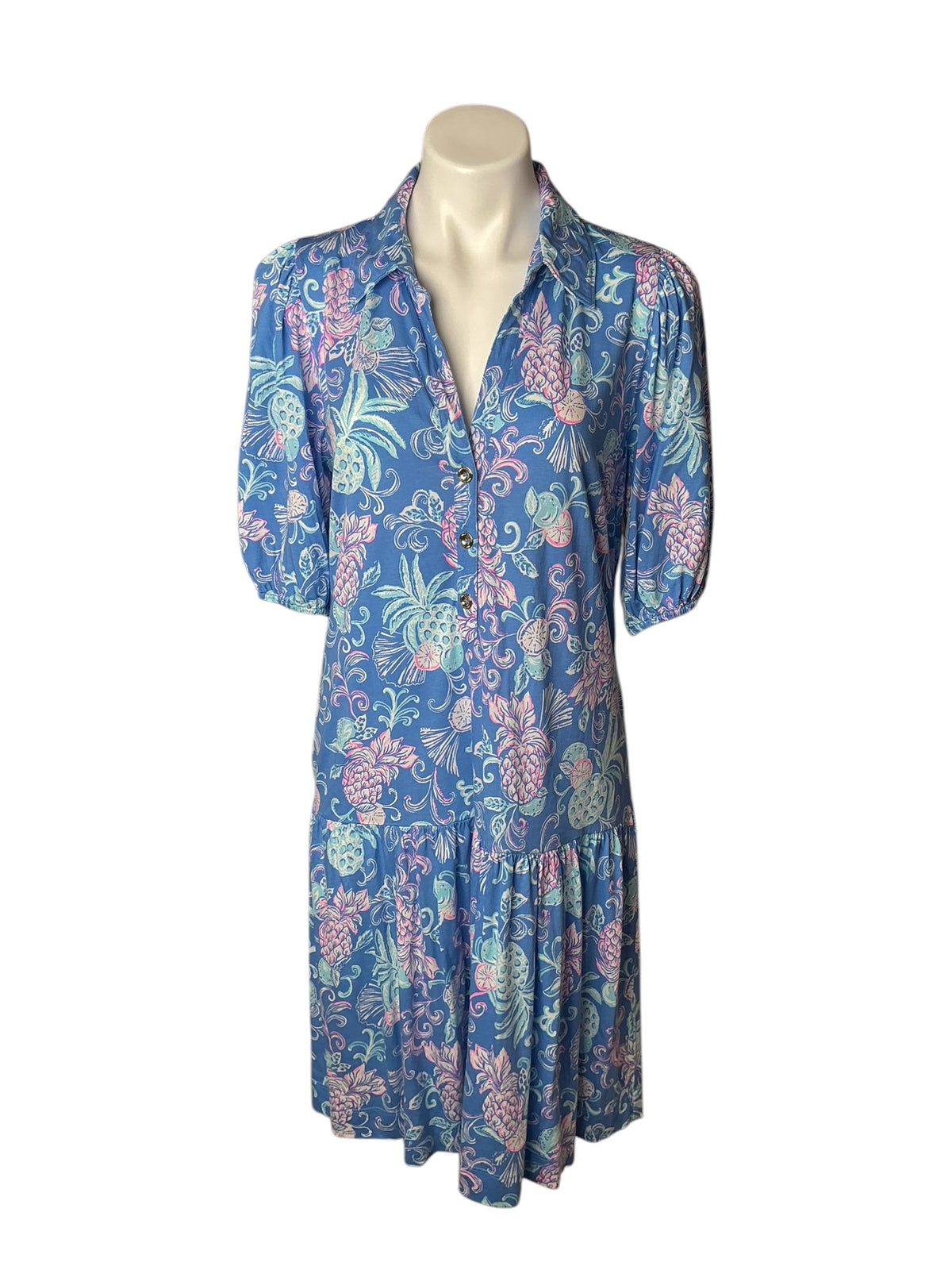 Lilly Pulitzer Bingley Short Sleeve Drop Waist Dress Sunwashed Blue Citrus Crush Blue Pineapple - Size M