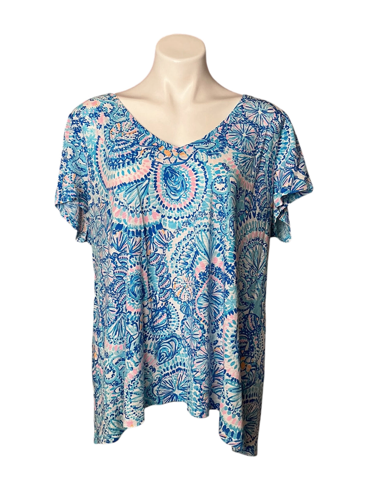 Lilly Pulitzer Etta V-Neck Tee Blue Grotto Commotion in the Ocean - Size XXL