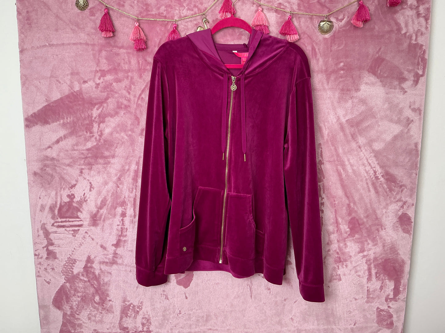 Lilly Pulitzer Sweater NWT - Larina Velour Zip Up Hoodie - Bordeaux Berry - Size XXL
