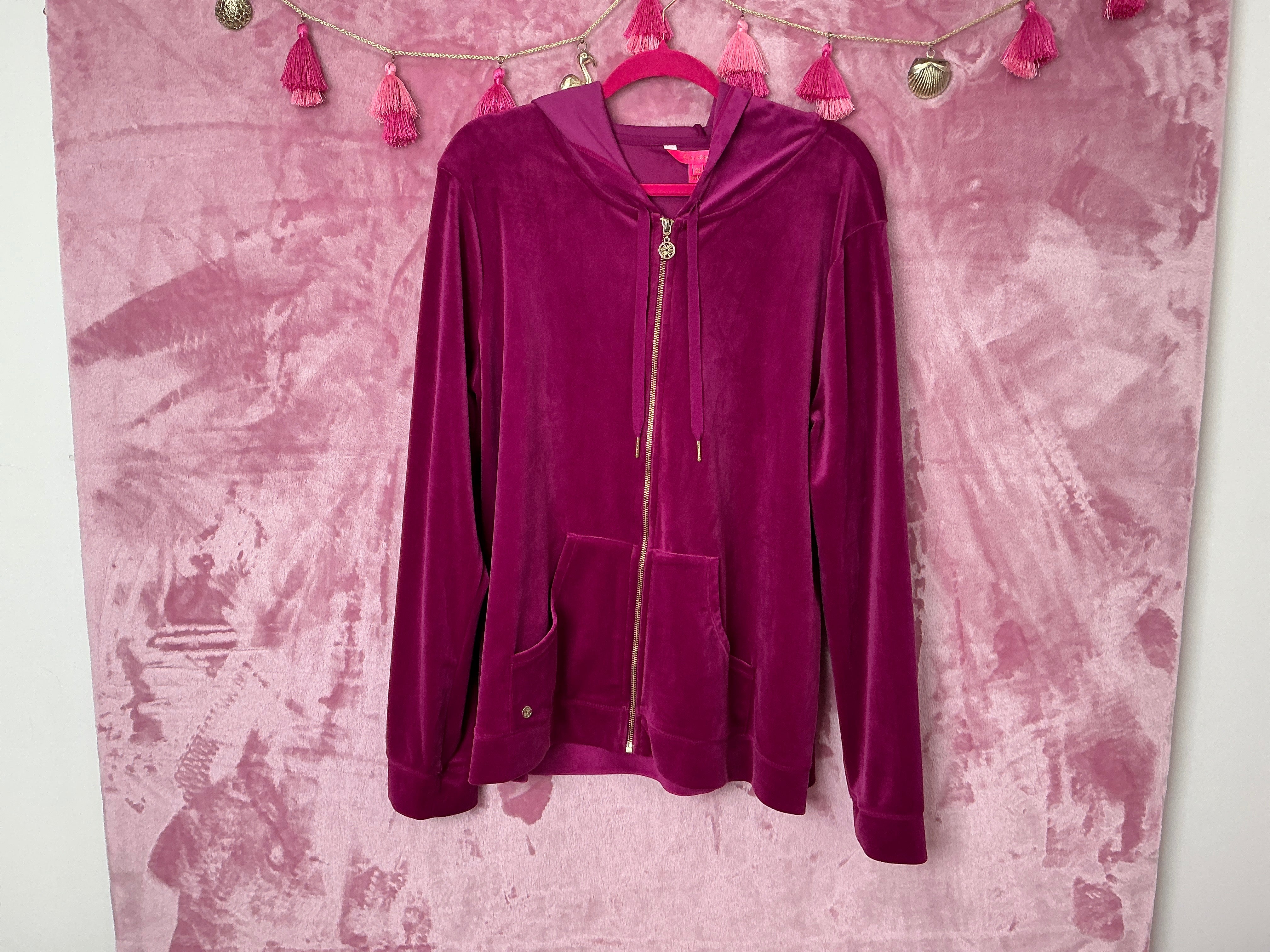 Lilly Pulitzer Sweater NWT - Larina Velour Zip Up Hoodie - Bordeaux Berry - Size XXL