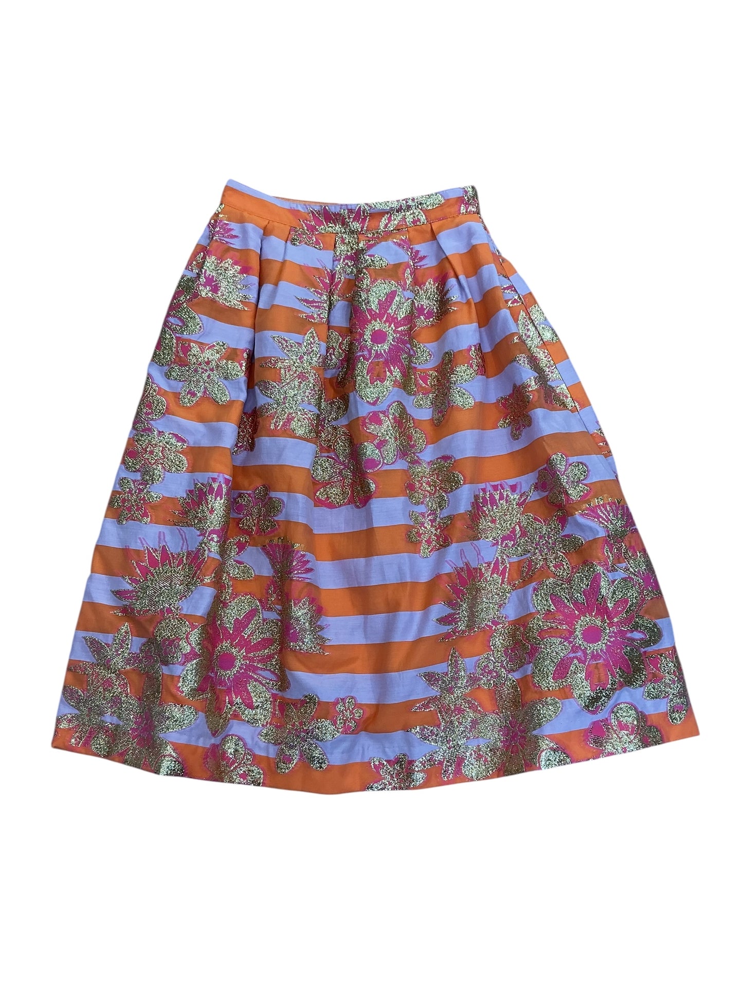 Lilly Pulitzer NWT Lauderdale Midi Skirt Papaya Metallic Floral Stripe - Size 2