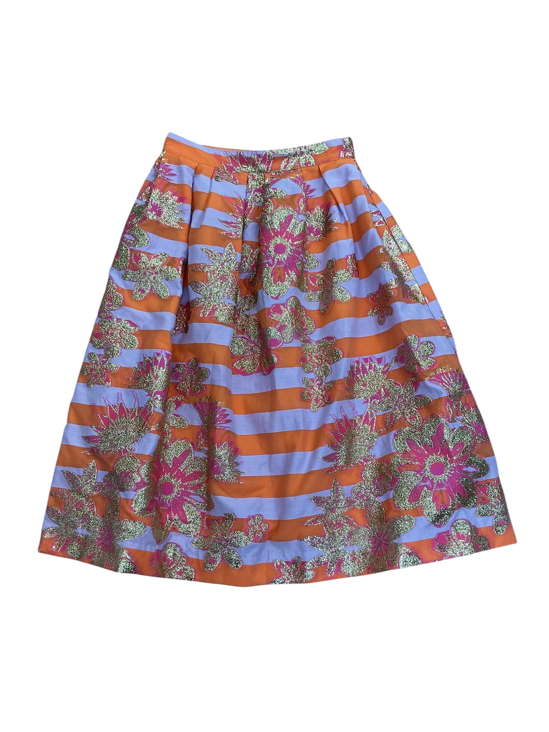 Lilly Pulitzer NWT Lauderdale Midi Skirt Papaya Metallic Floral Stripe - Size 2