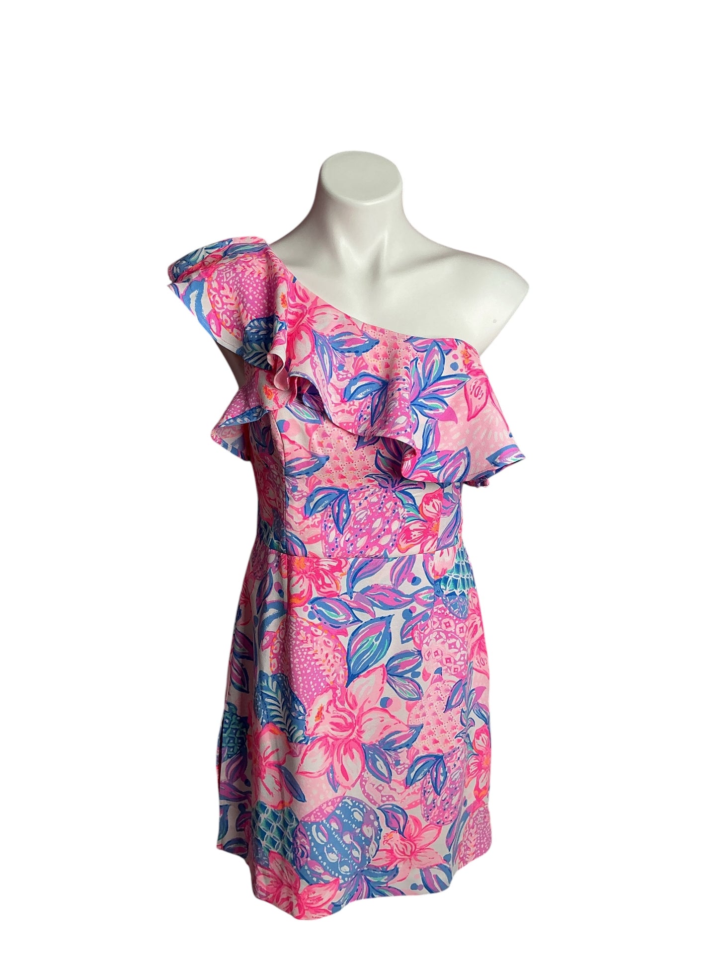 Lilly Pulitzer- Kipton One-Shoulder Romper Pink Isle Snappy Turtle Size 4
