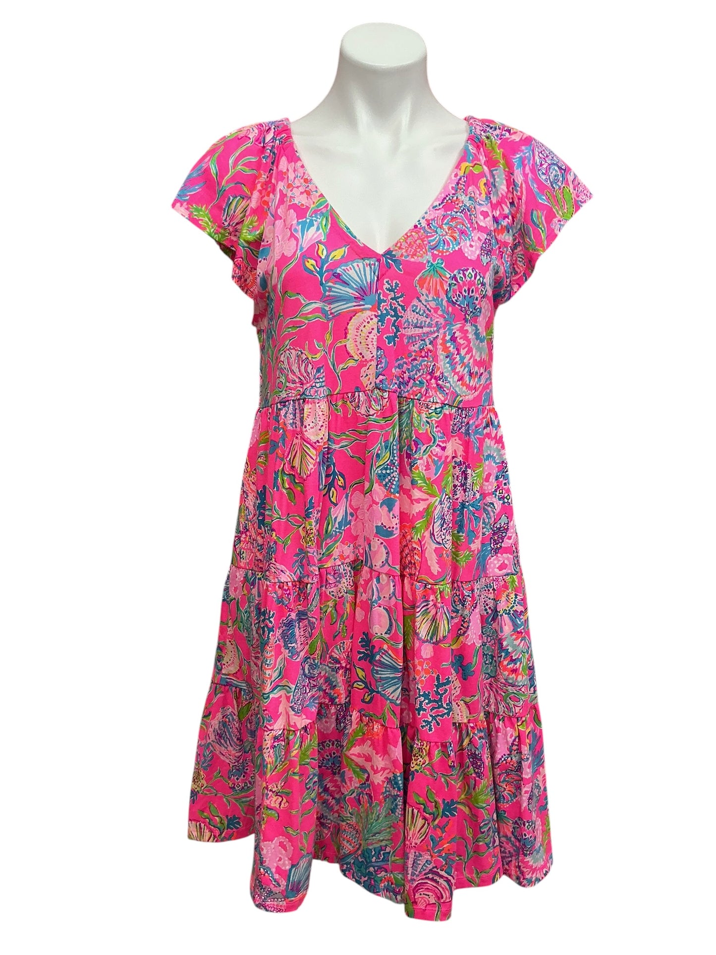 Lilly Pulitzer Kawai Flutter Sleeve Dress Pink Isle Shell Me Something Good - Size M