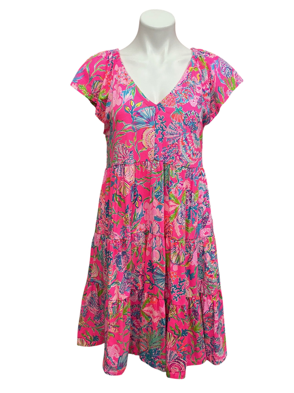 Lilly Pulitzer Kawai Flutter Sleeve Dress Pink Isle Shell Me Something Good - Size M