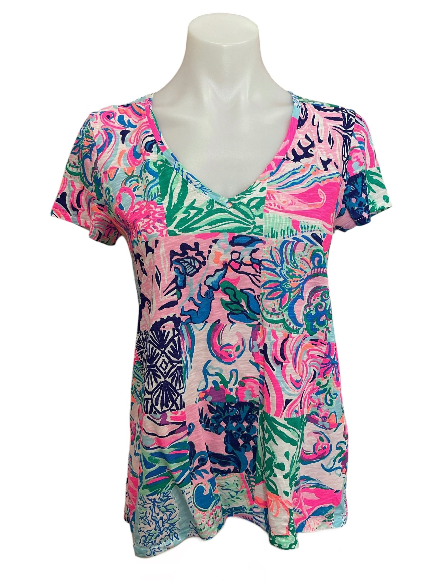 Lilly Pulitzer Etta V-Neck Top Multi Patch To Match - Size XS