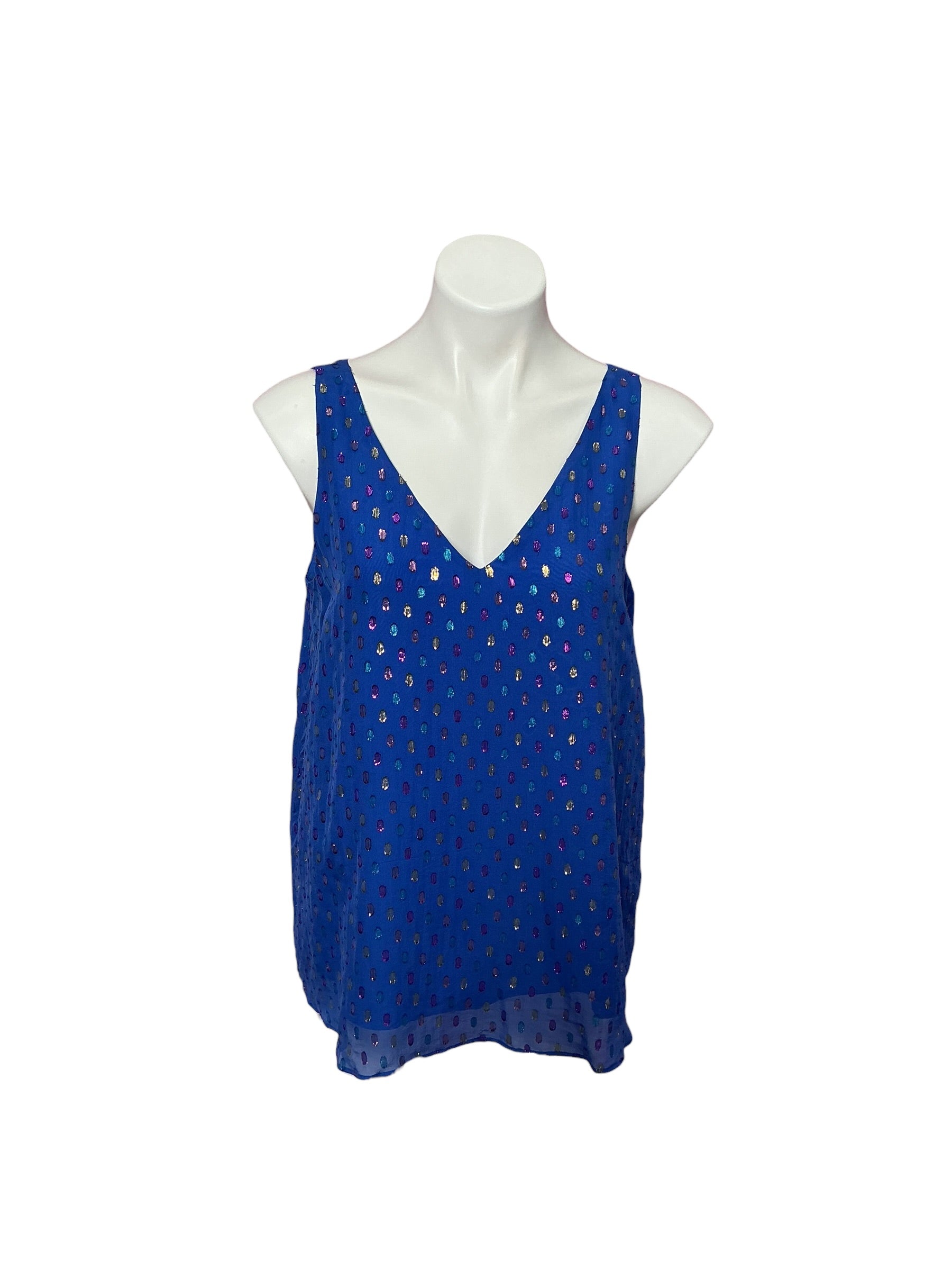 Lilly Pulitzer- Florin Silk Sleeveless V-Neck Iris Blue Moroccan Metallic Clip Size S