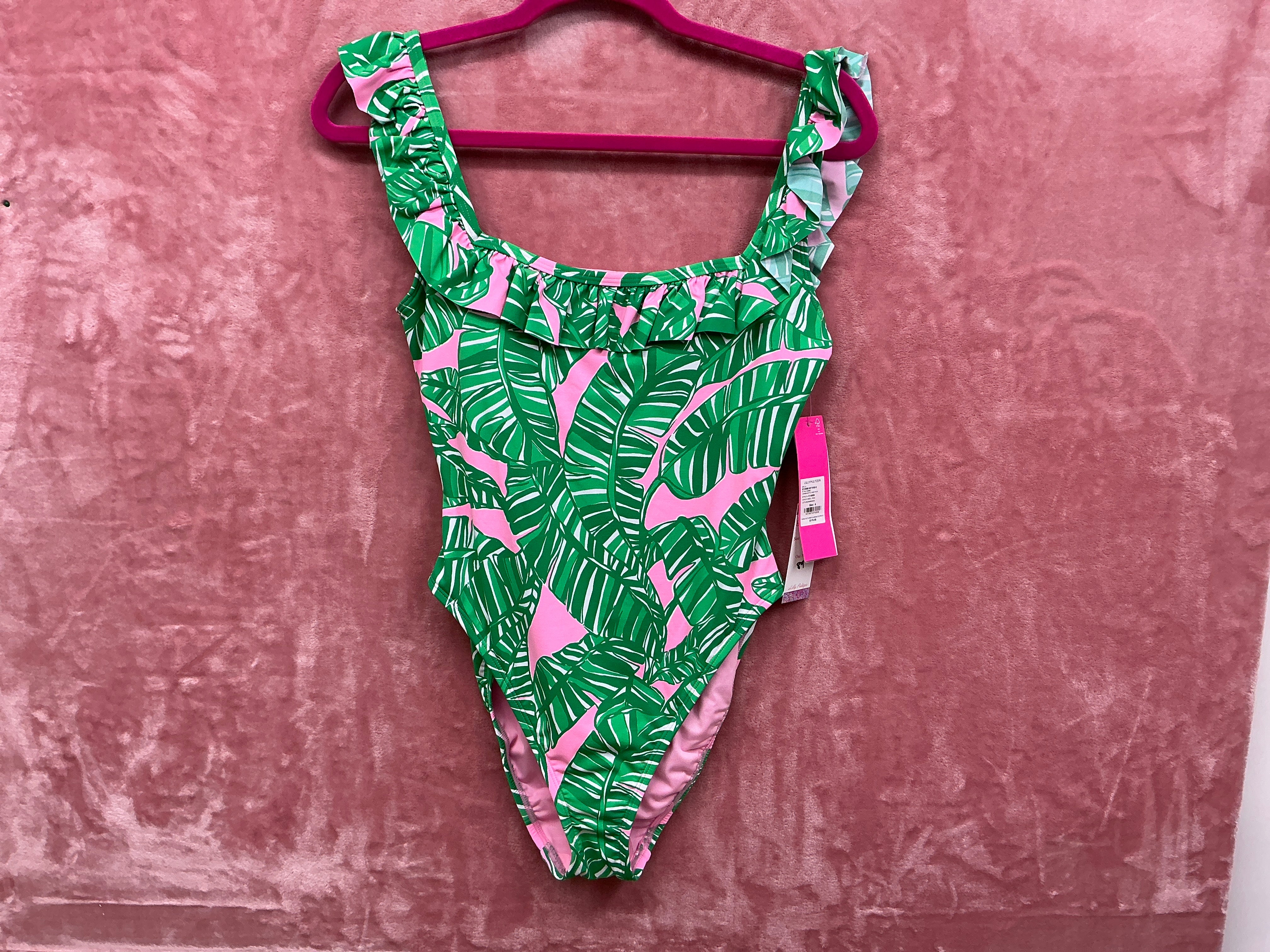 Lilly Pulitzer Aemma Ruffle One Piece NWT, Conch Shell Pink, Let’s Go Bannanas Size 6