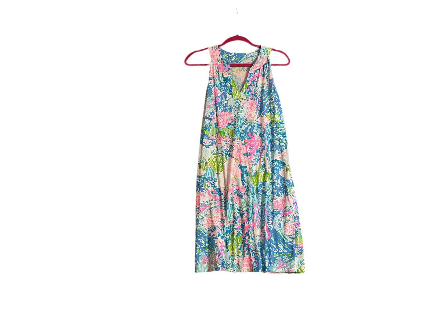 Lilly Pulitzer Ross dress in the "Fished My Wish" print, featuring a blue and pink pattern - Size XS