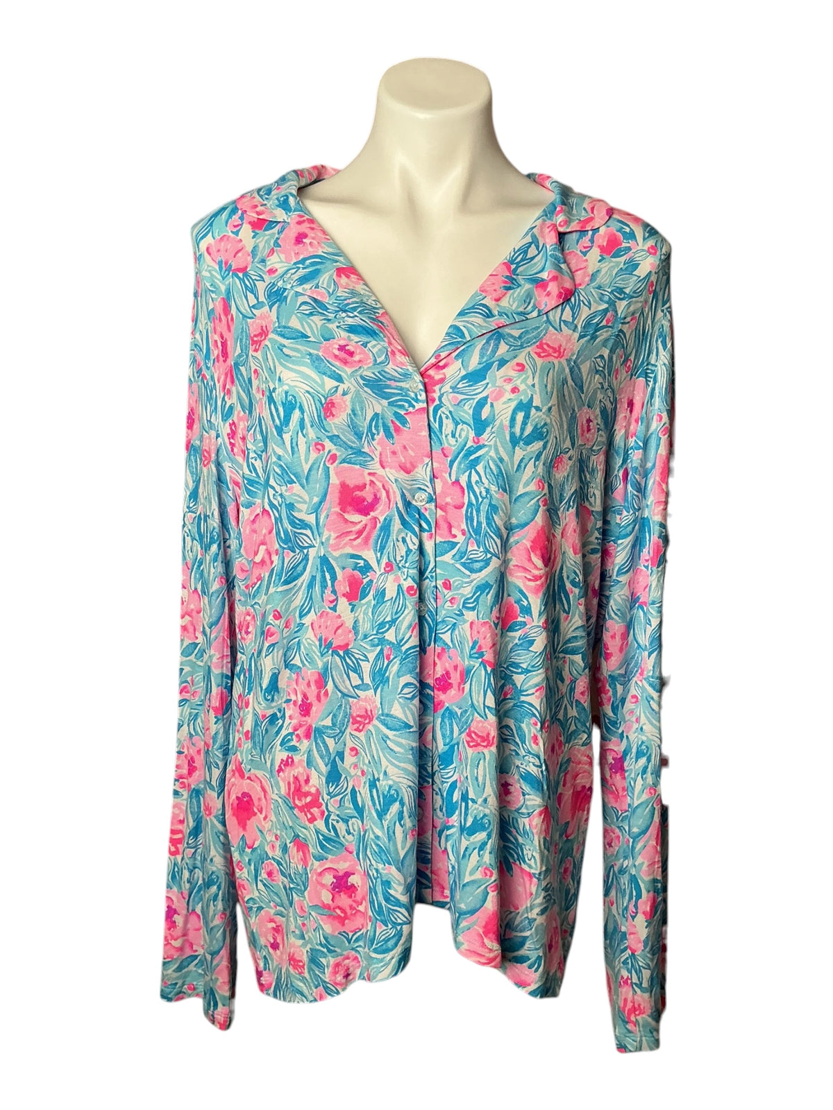 Lilly Pulitzer NWT PJ Knit LS Button-Up T Bondi Blue My Little Peony - Size XXL