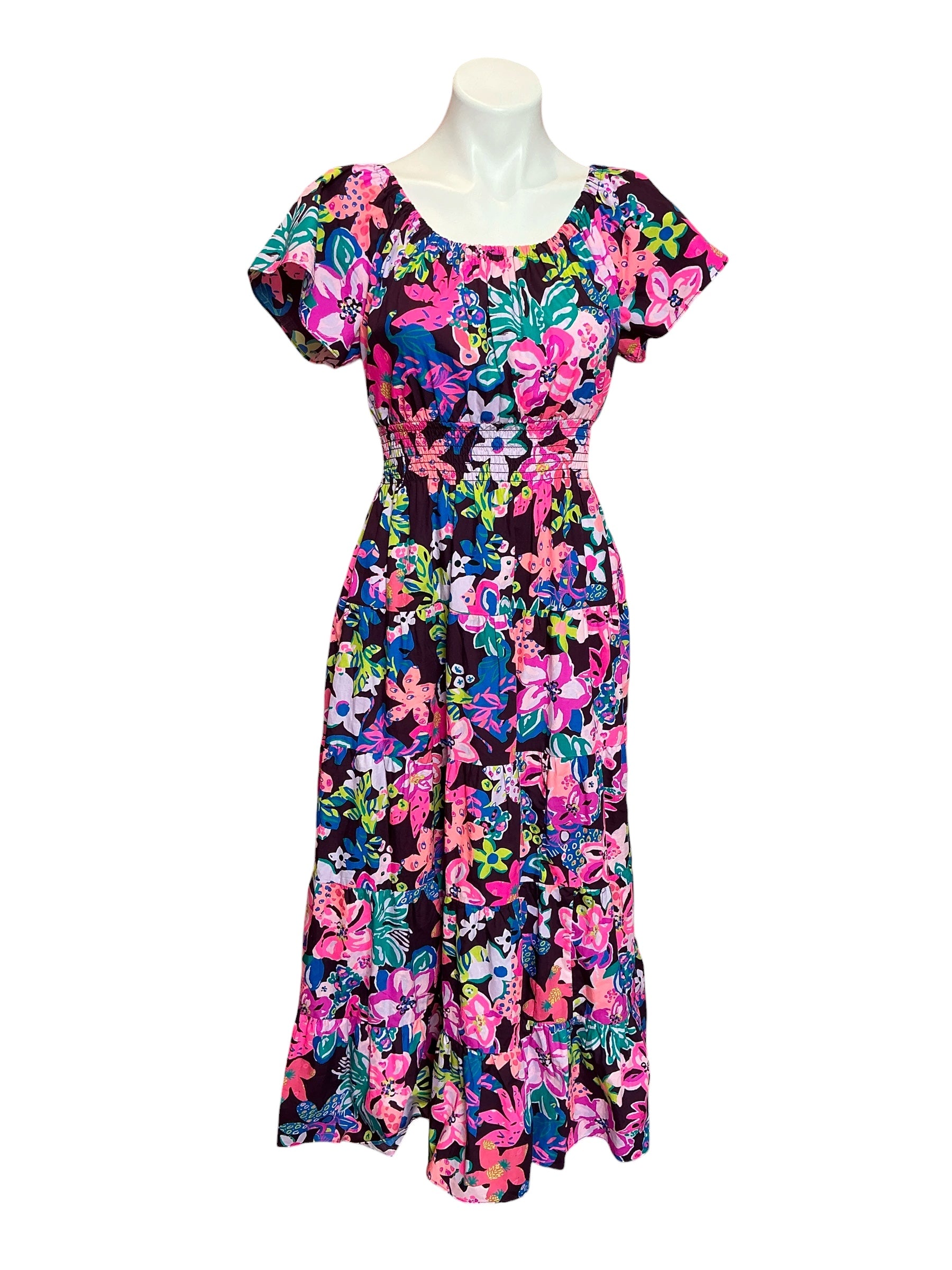 Lilly Pulitzer Ellabell Midi Dress Cherry Ganache Bohemian Garden - Size XXS