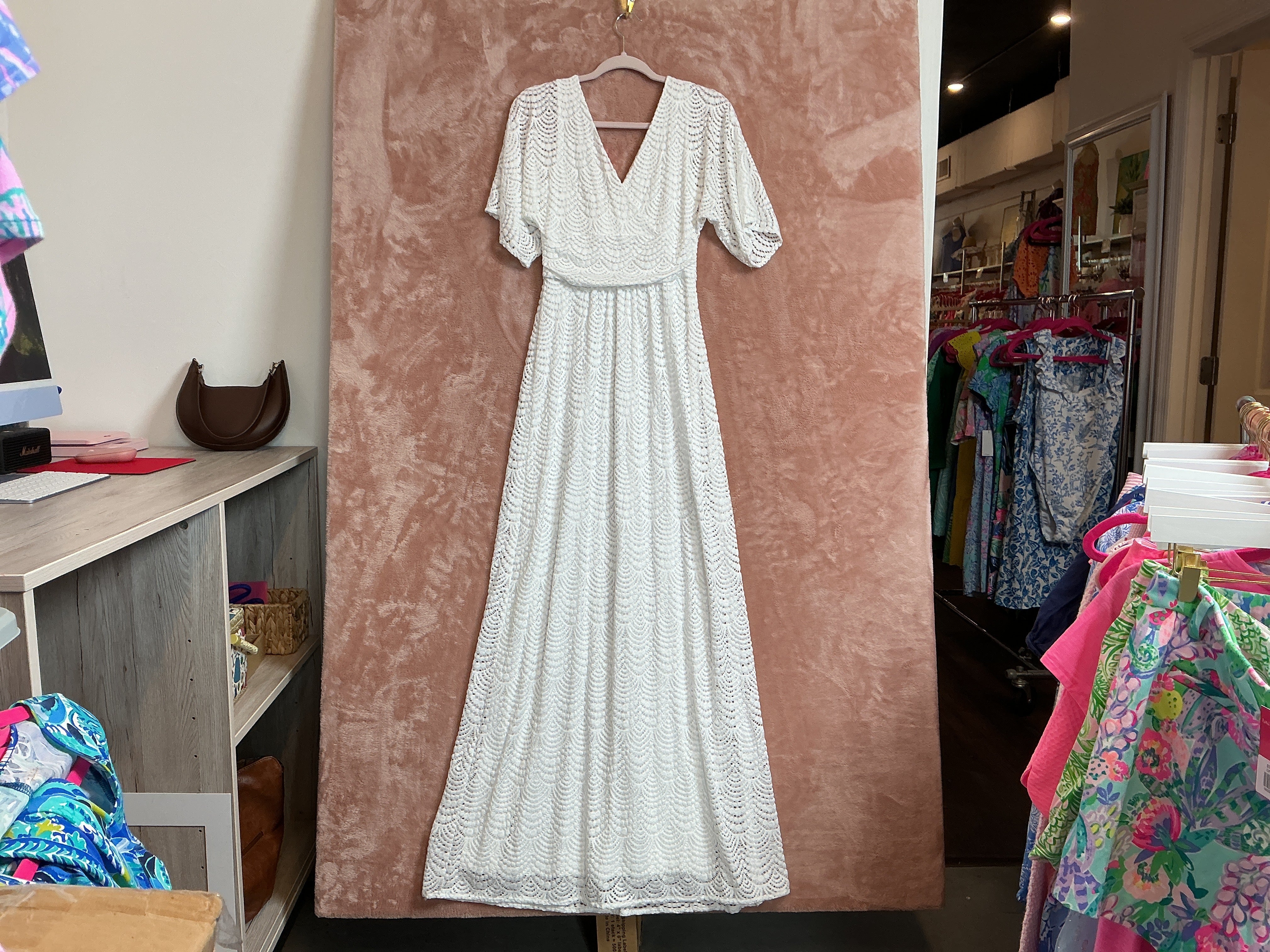 Lilly Pulitzer NWT Parigi Elbow Sleeve Maxi Dress Resort White Scalloped Shell Lace - Size XS