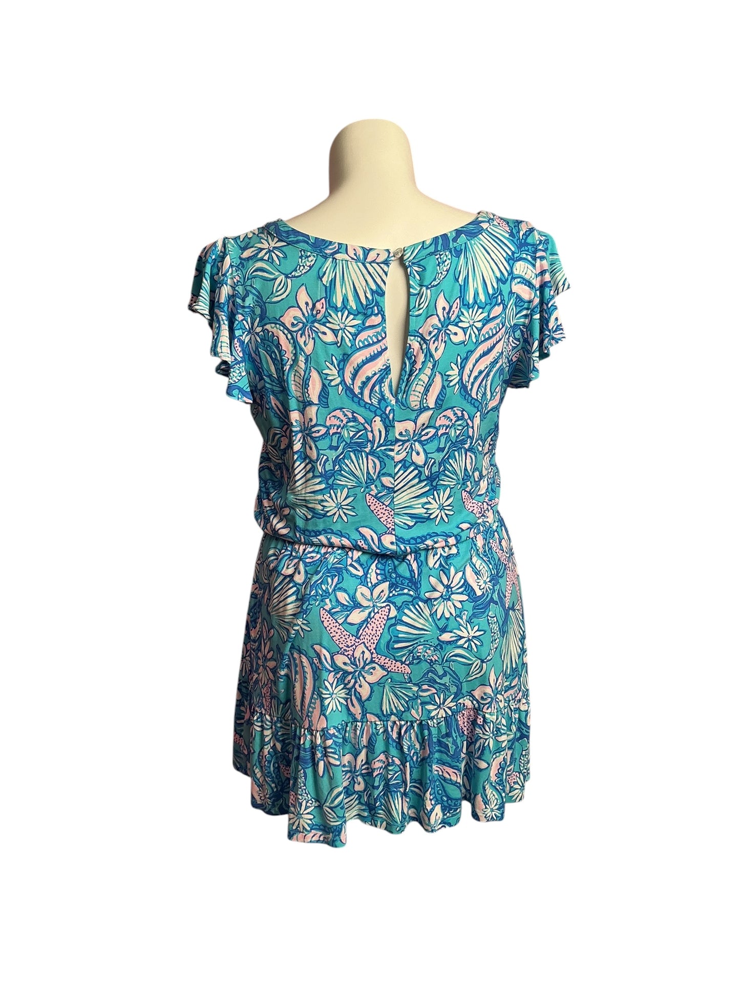 Lilly Pulitzer- Ravi Split Neck Sleeve Romper Amalfi Blue Sound The Sirens Size L