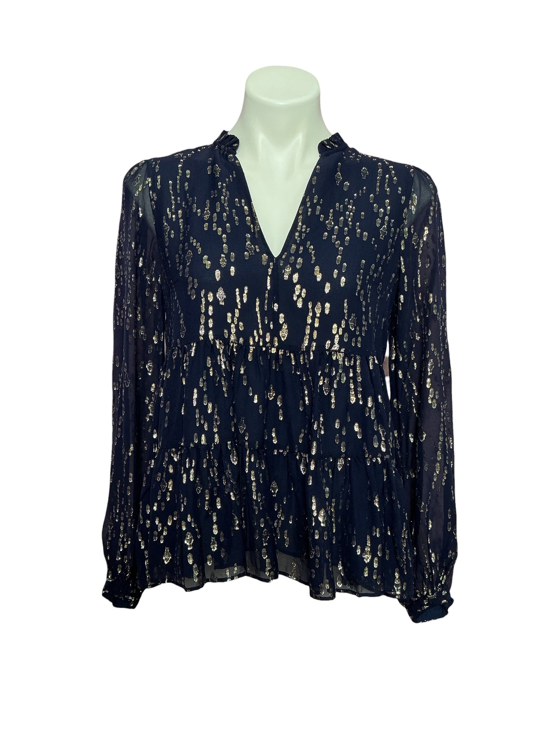 Lilly Pulitzer- NWT Sarita Long Sleeve Silk Top True Navy Fish Clip Chiffon Size 2