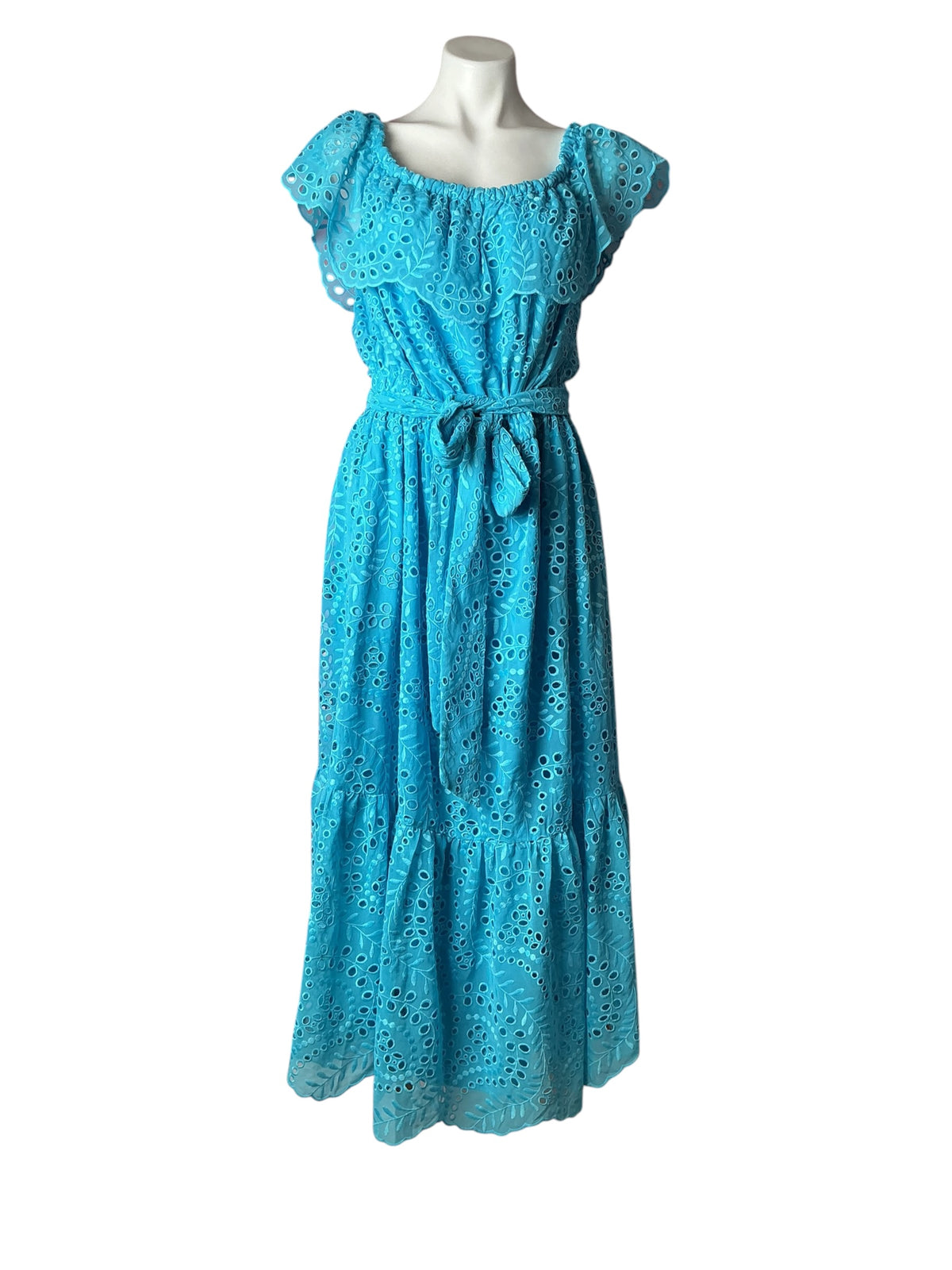 Lilly Pulitzer Geri Off-The-Shoulder Midi Dress Seabreeze Blue Swirly Fern Scalloped - Size XL