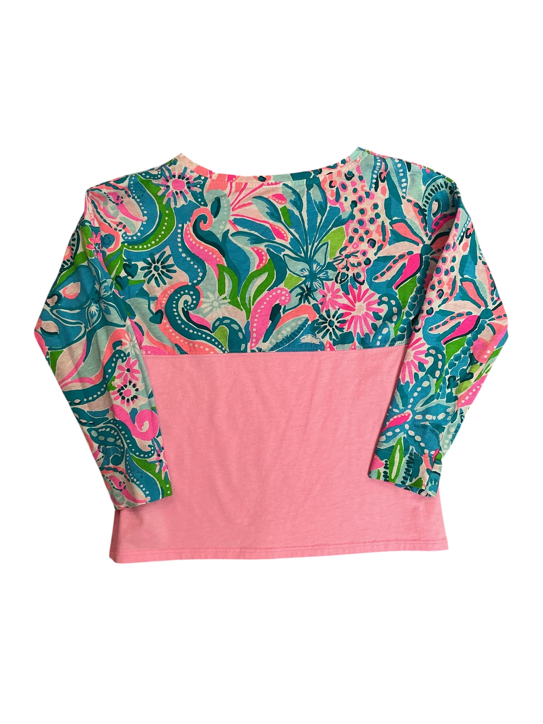 Lilly Pulitzer Girls Kids Finn Top Turquoise Oasis Golden Hour Plumeria Pink - Size M (6-7)