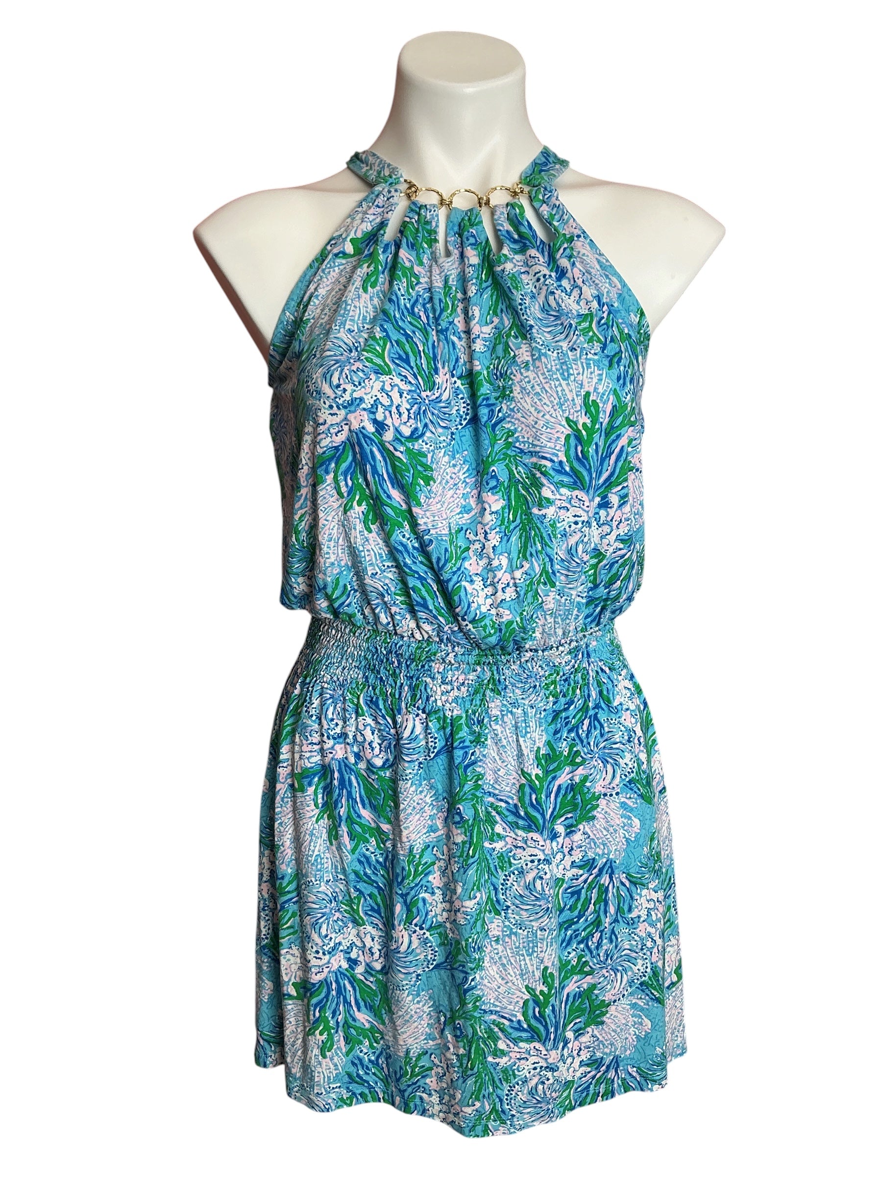 Lilly Pulitzer Shirelle Skirted Romper Las Olas Aqua Strong Current Sea - Size XS