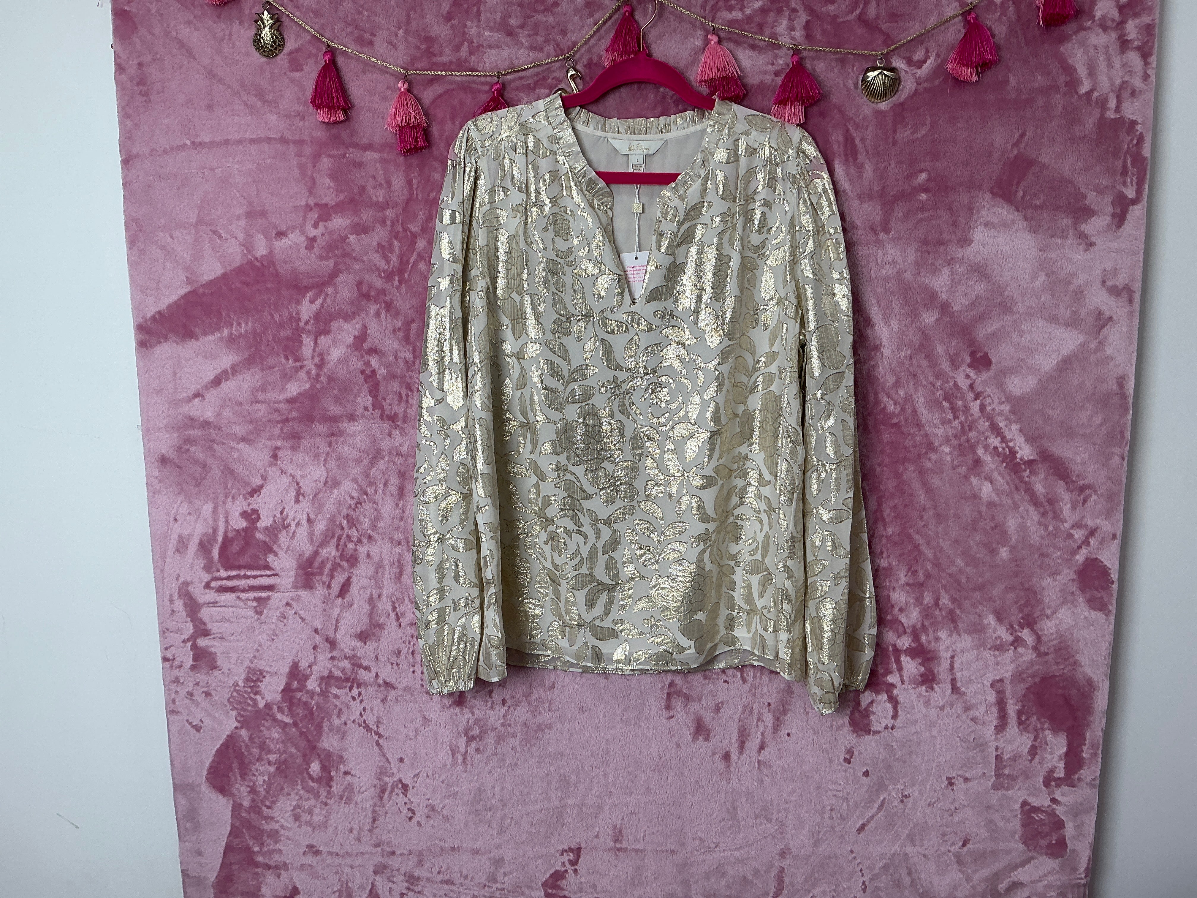 Lilly Pulitzer Long Sleeve Top NWT - Giana Long Sleeve Silk Top - Coconut - Floral Bloom Silk Clip - Size L