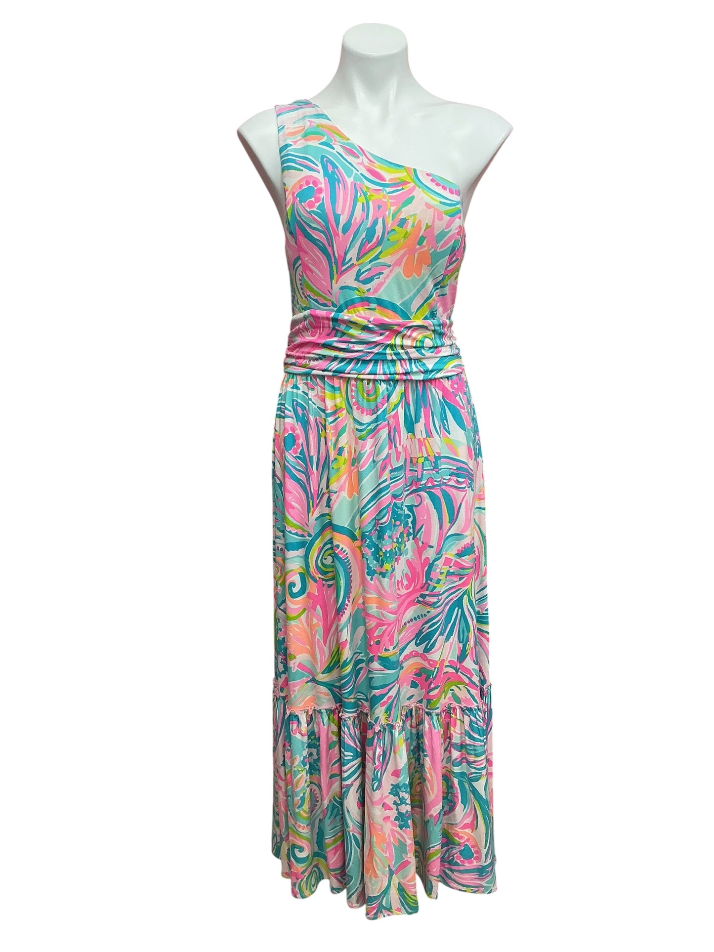 Lilly Pulitzer Mooney One Shoulder Midi Dress Carnivale Coral - Size L