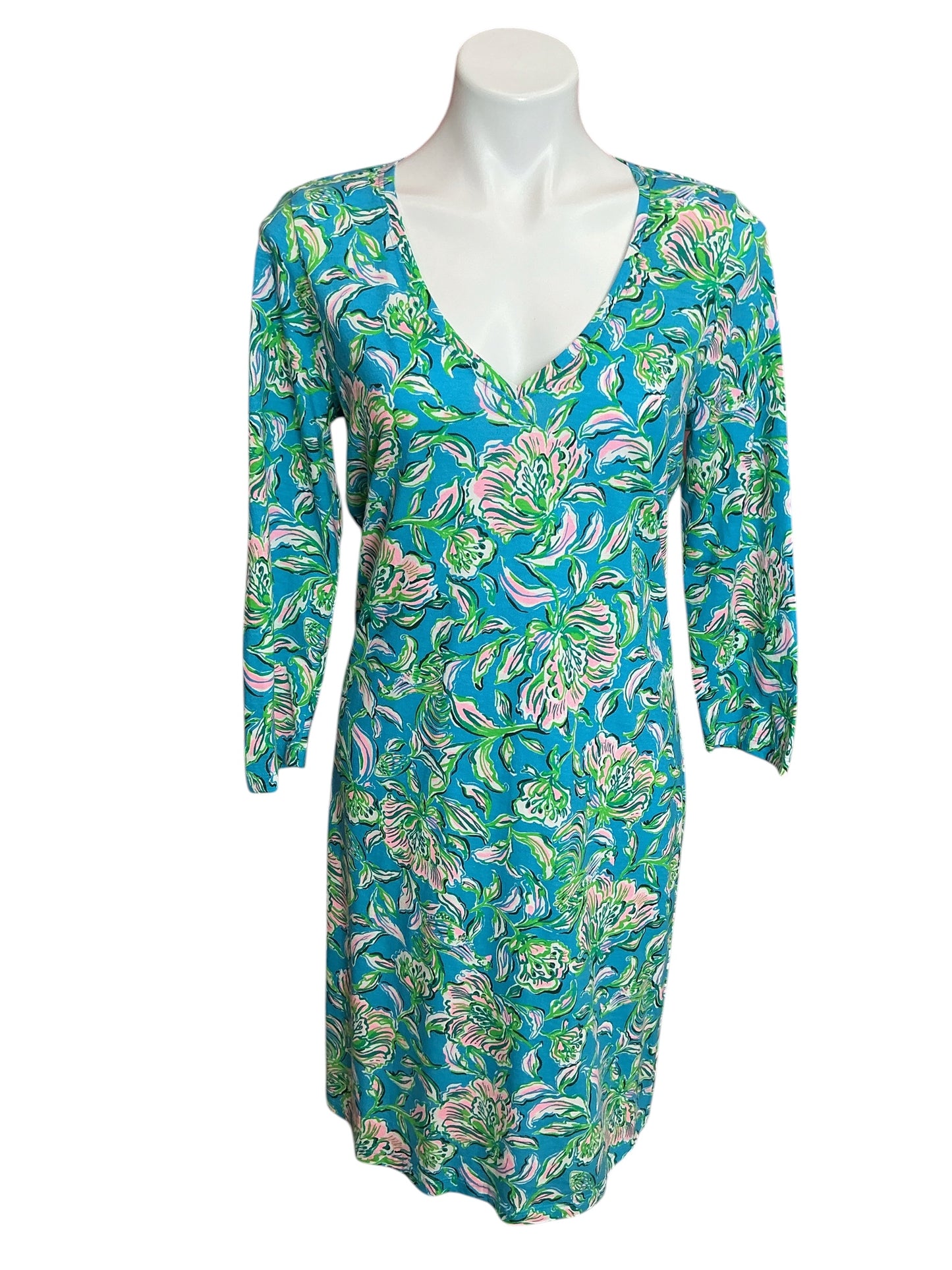 Lilly Pulitzer Tessa 3/4 Sleeve V-Neck Dress Cumulus Blue Chick Magnet - Size M