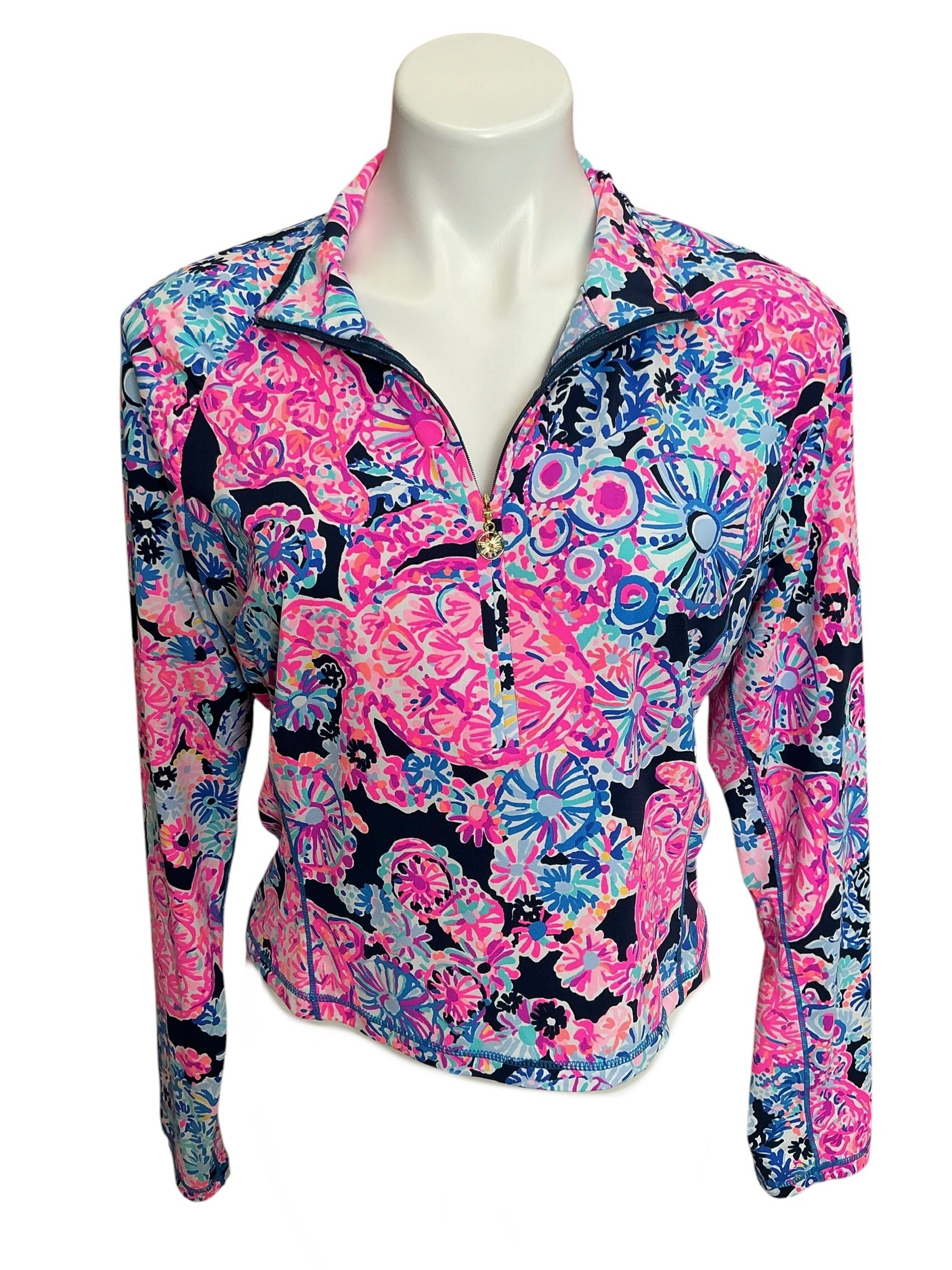Lilly Pulitzer Girls Kids Mini Justine Crop Half Zip Pullover High Tide Navy Turtle Amazement - Size XL